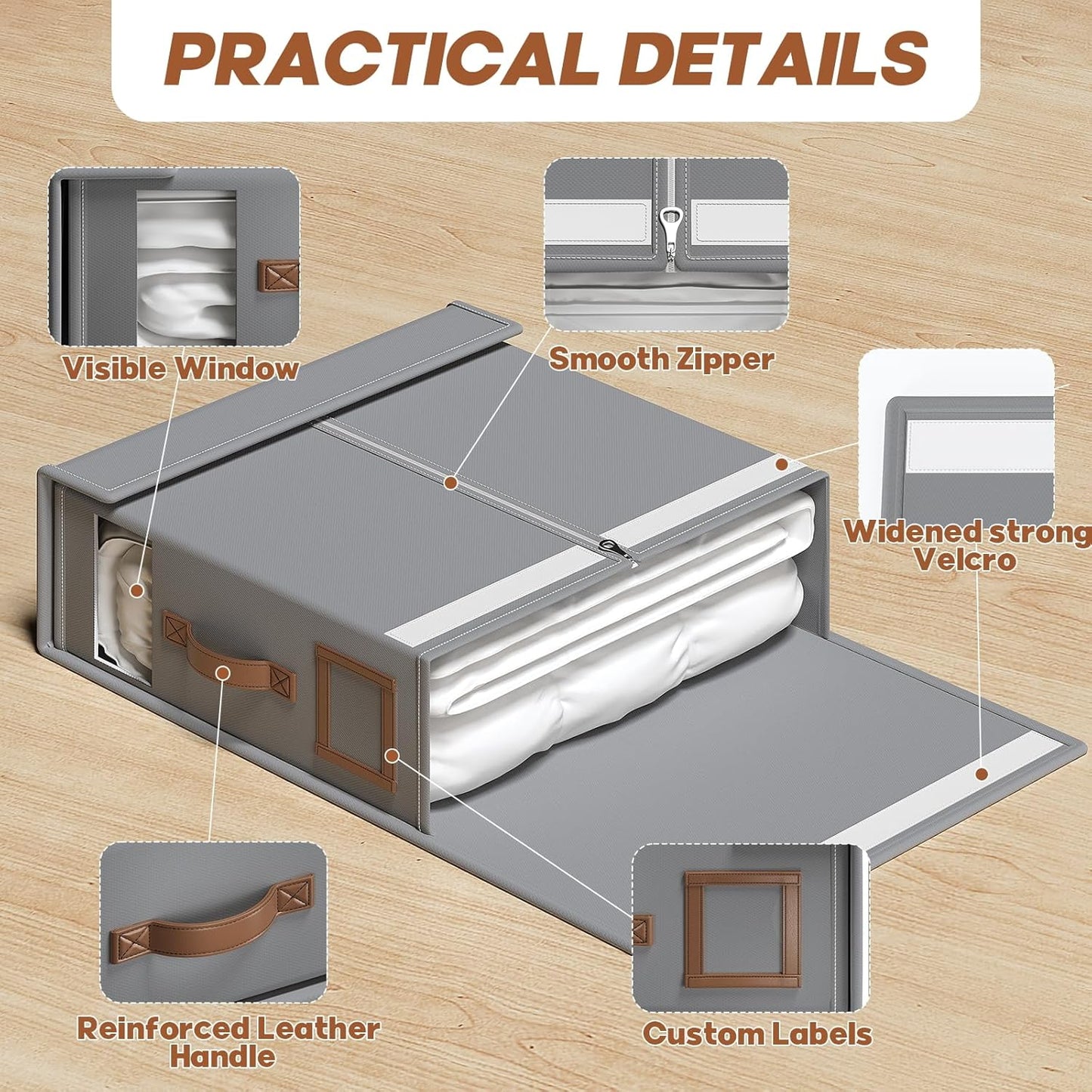 8 Pack Bed Sheet Organizers And Storage(King & Queen Size) With Leather Handles,Foldable Linen Closet Organizer With Clear Window,Bedding Storage Box For Blanket,Sheets,Duvet Cover-Gray