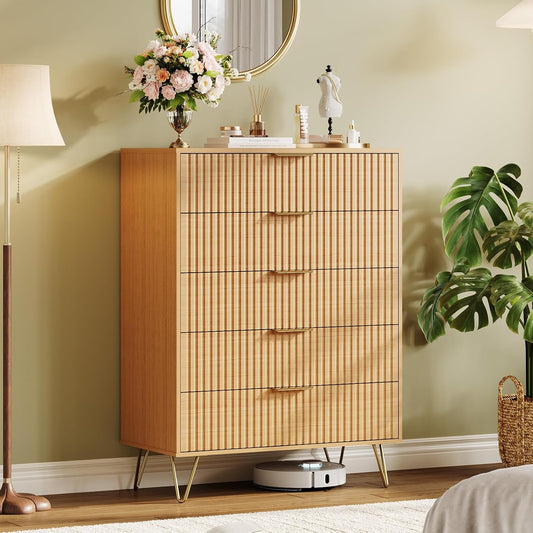 Garvee Fluted Dresser for Bedroom with 5 Drawers,32" Wide Modern Chest of Wooden Bedroom Chest with Metal Handle,Clothes Storage Organizer,Closet Dresser & TV Stand for Living Room,Hallway,Natural Oak