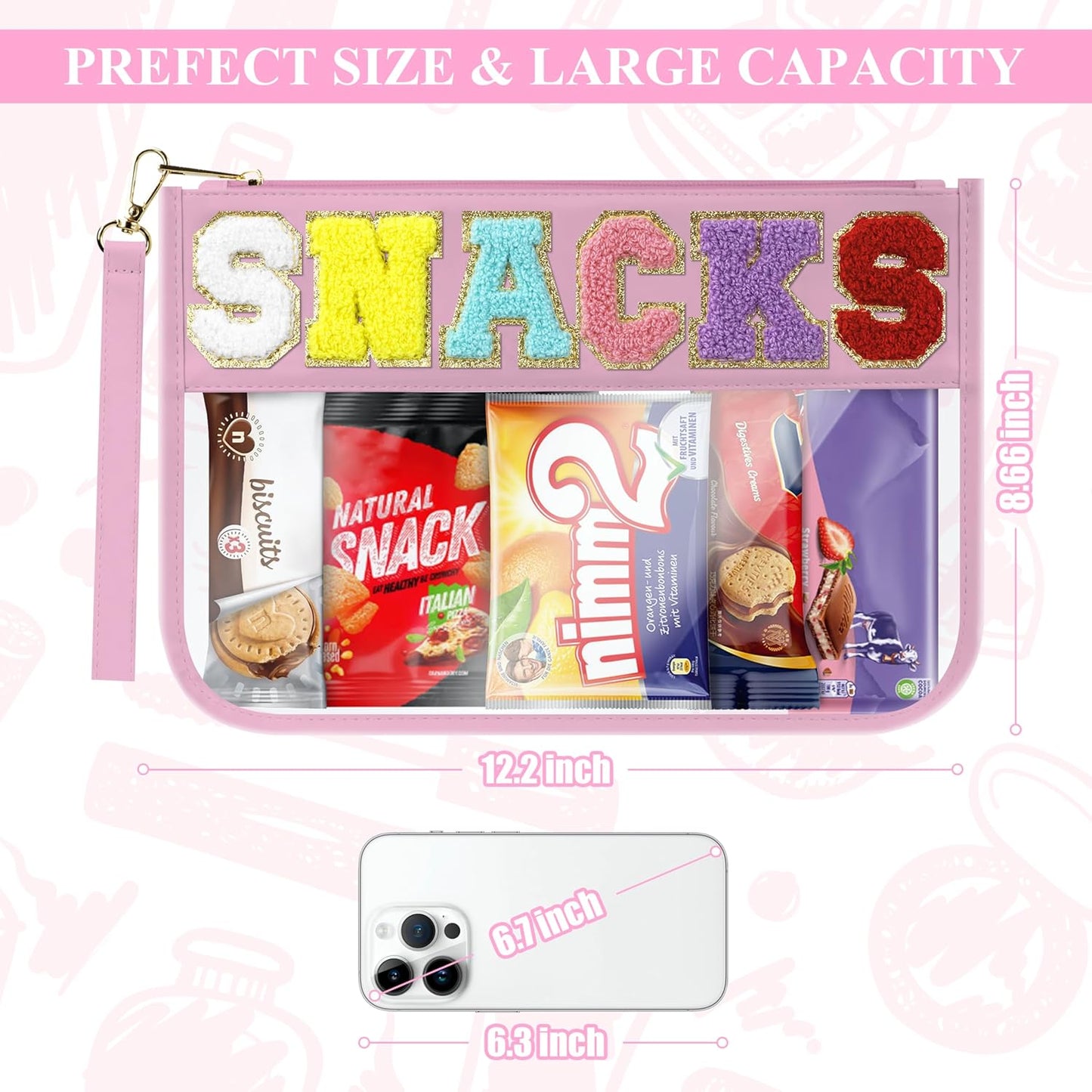 Snack Bag for Travel & Makeup - Clear Chenille Letter Zipper Pouch, Waterproof Cosmetic Tote Bag for Women & Girls (Pink)