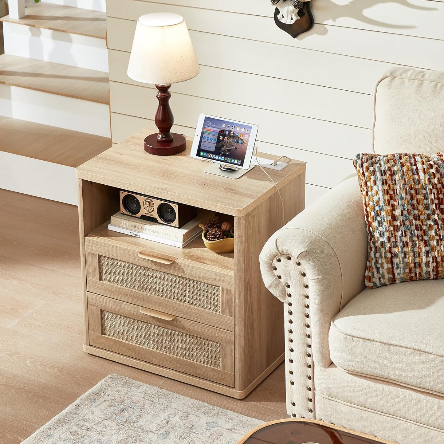 LEYAOYAO Rattan Night Stand with Charger Station, 23" Wide Boho Nightstand with 2 Drawers, Natural Wood Bedside Table Open Storage Cabinet, Bed Side End Tables Dresser for Bedroom, Living Room Hallway