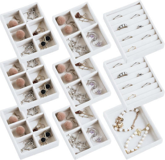 Frebeauty Small Jewelry Tray Set,Stackable Velvet Jewelry Organizer Tray,Mini Jewelry Drawer Organizer,Drawer Inserts,4.92 x 3.74 x 0.9 Inches,Earring Organizer for Women(Set 9,White)