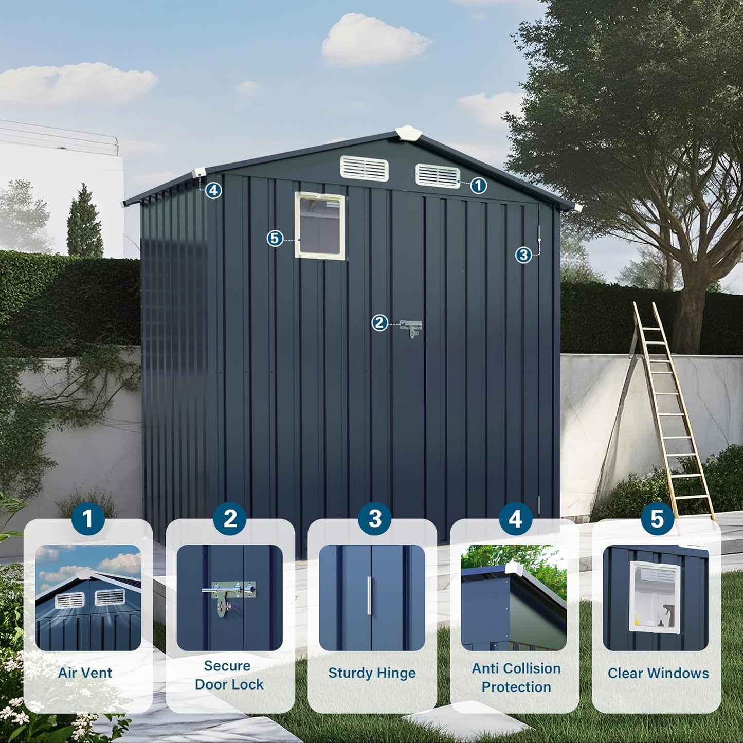 Metal Storage Shed, 6X3.6 FT Lockable Outdoor Tool Shed with Air Vent and Clear Windows, Galvanized Steel Garden Shed for Backyard, Patio, Garden, Bike Storage or Outdoor Use, Grey