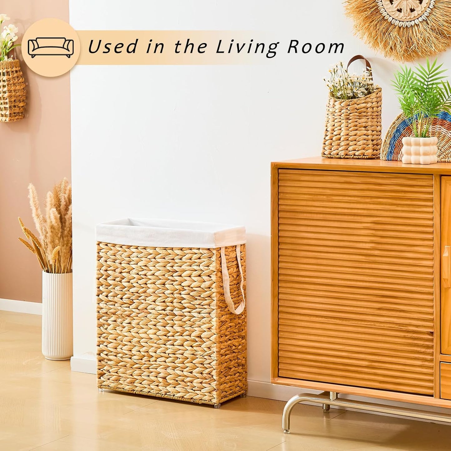 Handwoven Slim Laundry Hamper, 75L Narrow Laundry Basket, Natural Water Hyacinth Basket and Handles and Removable Liner Bag & 2 Mesh Bags (Natural, 75L)