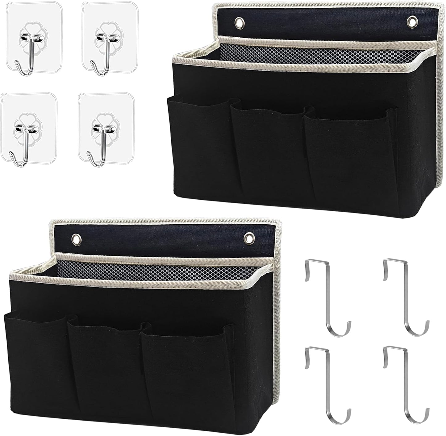 2-Pack Wall Hanging Organizer Bag/Hanging Baskets with Large Mesh Compartment & 3 Pockets，Over the Door Organizer Space Saving Storage for Bedroom,RV Camper, Closet (Black - 2 Pack)