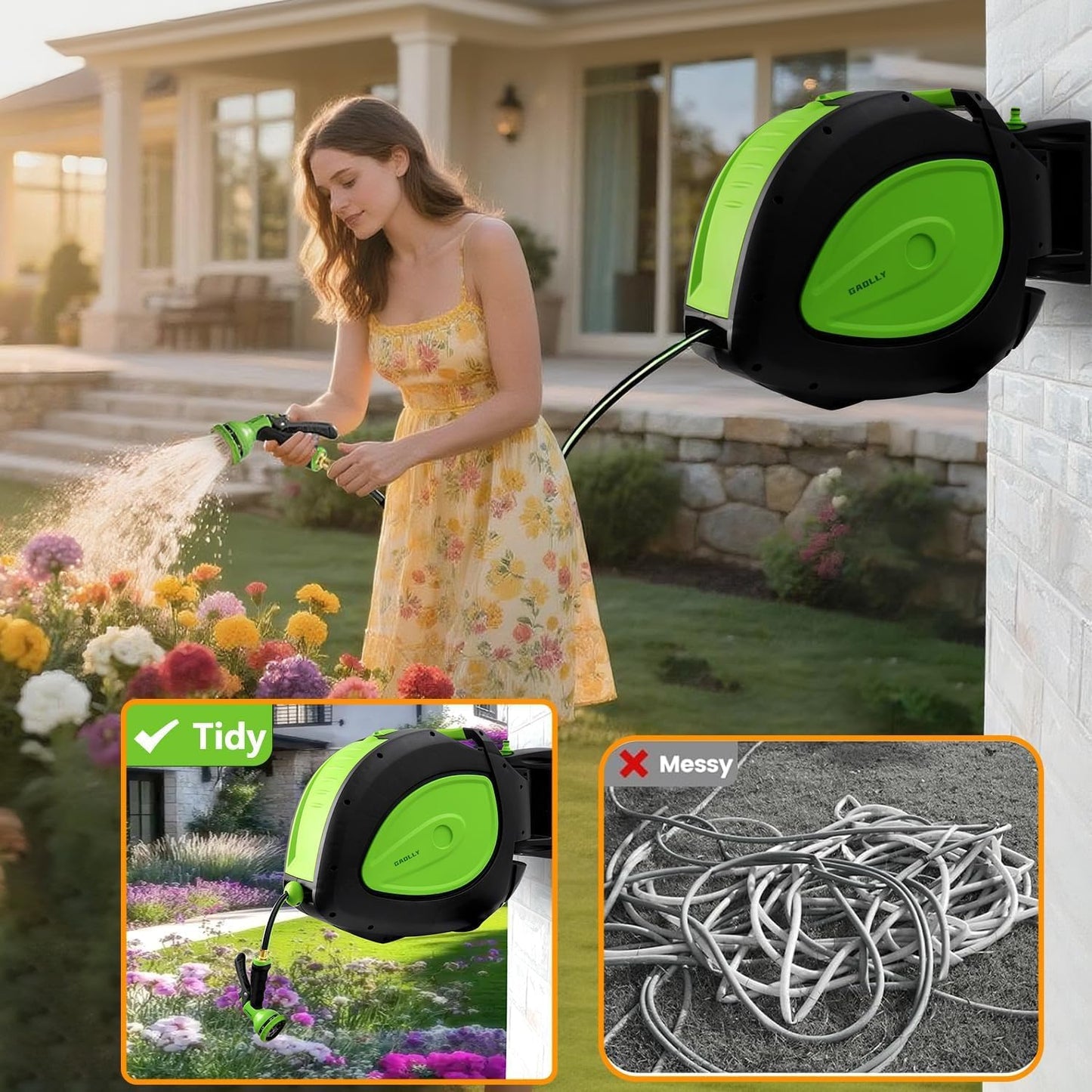 Garden Hose Reel 1/2 Inch x 100 ft, Any Length Lock,Super Heavy Duty,Slow Return System, Wall Mounted and 180 Deg Swivel Bracket, Two Sprays