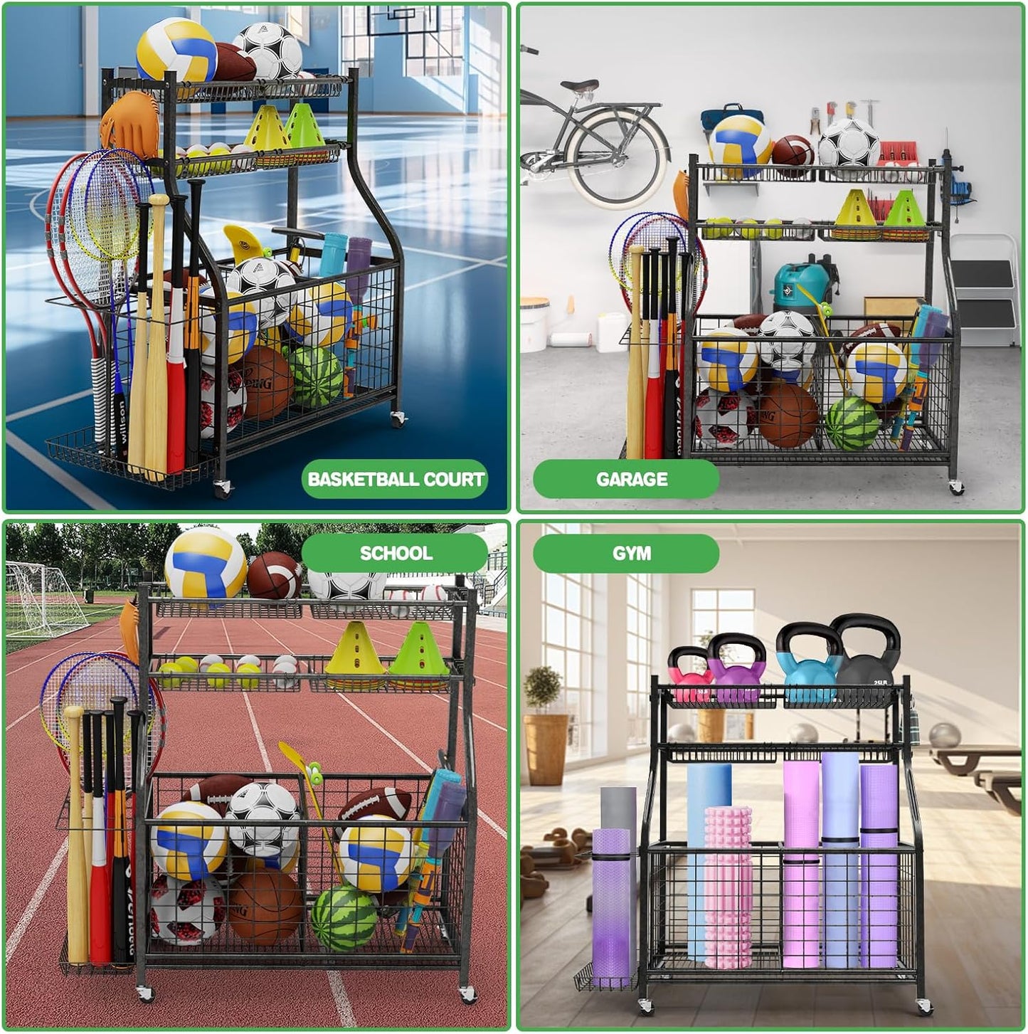 Garage Sports Equipment Organizer,Ball Storage With Four Baskets And Six Hooks,Sports Organizer For Garage,Heavy Duty Garage Organizer,Garage Storage,Garage Organization,Outdoor Toy Storage