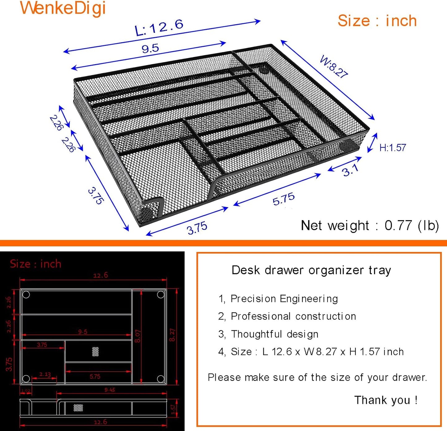 2-Pack Metal Mesh Desk Drawer Organizer Tray Set, 6-Compartment Office Drawer Organizer for Pens Supplies, 12.6"x8.27"x1.57" Black