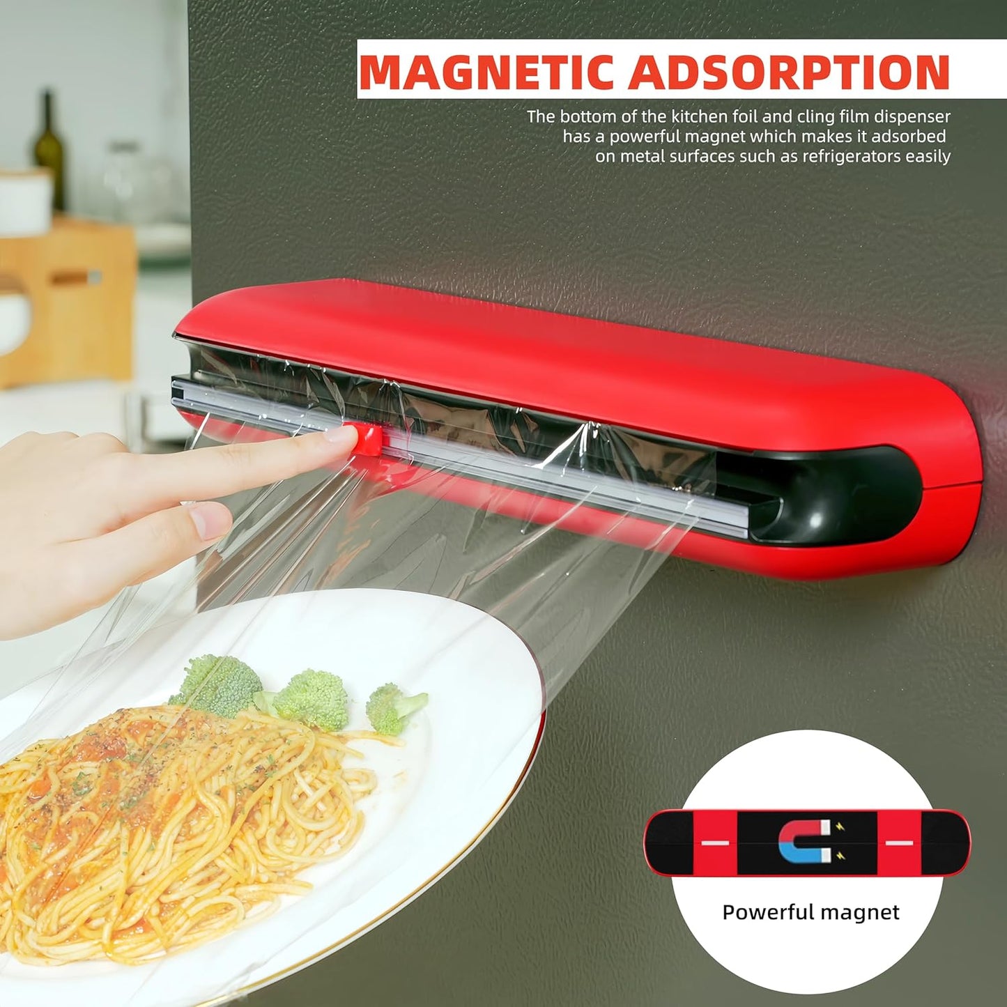 Aluminum Foil & Plastic Wrap Dispenser with Cutter - Easy One-Hand Operation, Space-Saving Kitchen Organizer for Worktops & Cabinets, Magnetic Cling Film Dispenser - Fits 12" Rolls, Red