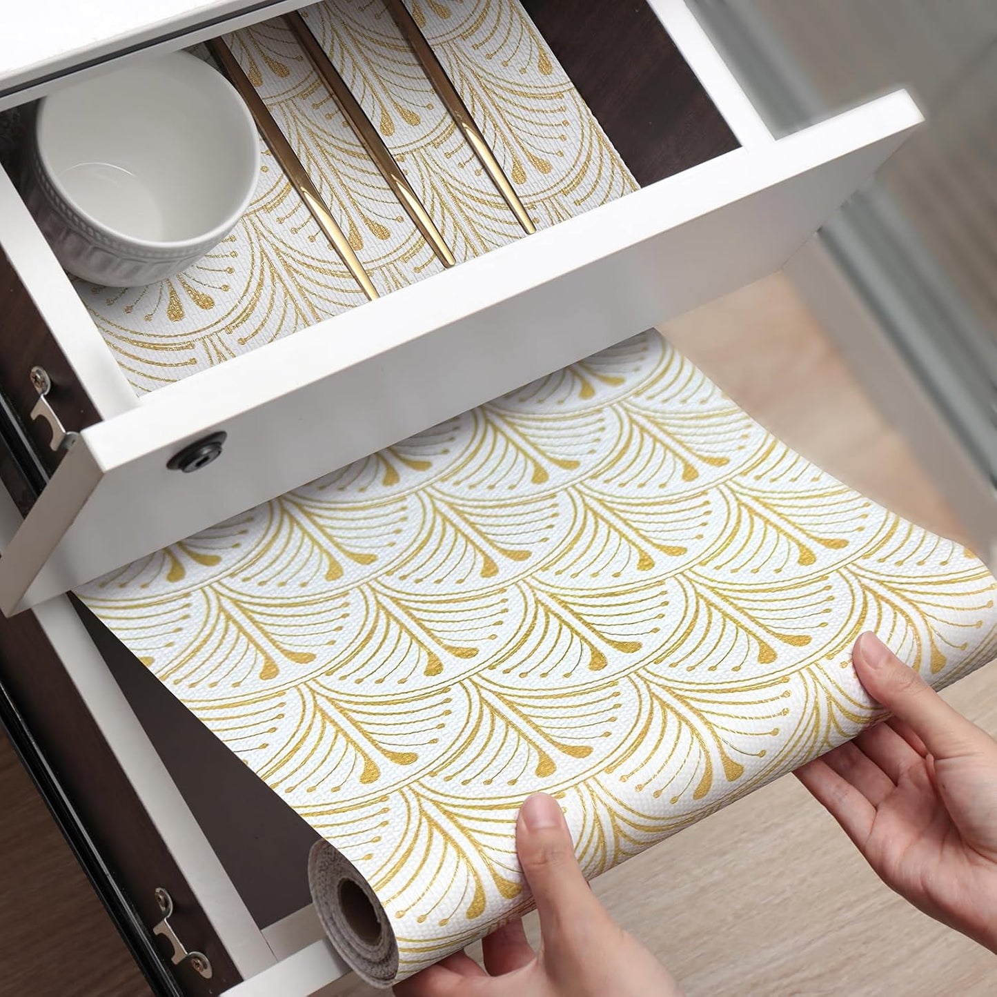Drawer and Shelf Liner for Kitchen Cabinets, Non-Adhesive Shelf Liners Non-Slip Drawer Liners Gold Thick Strong Grip Kitchen Cabinet Liner Waterproof Washable Mats Protect 12IN × 10FT