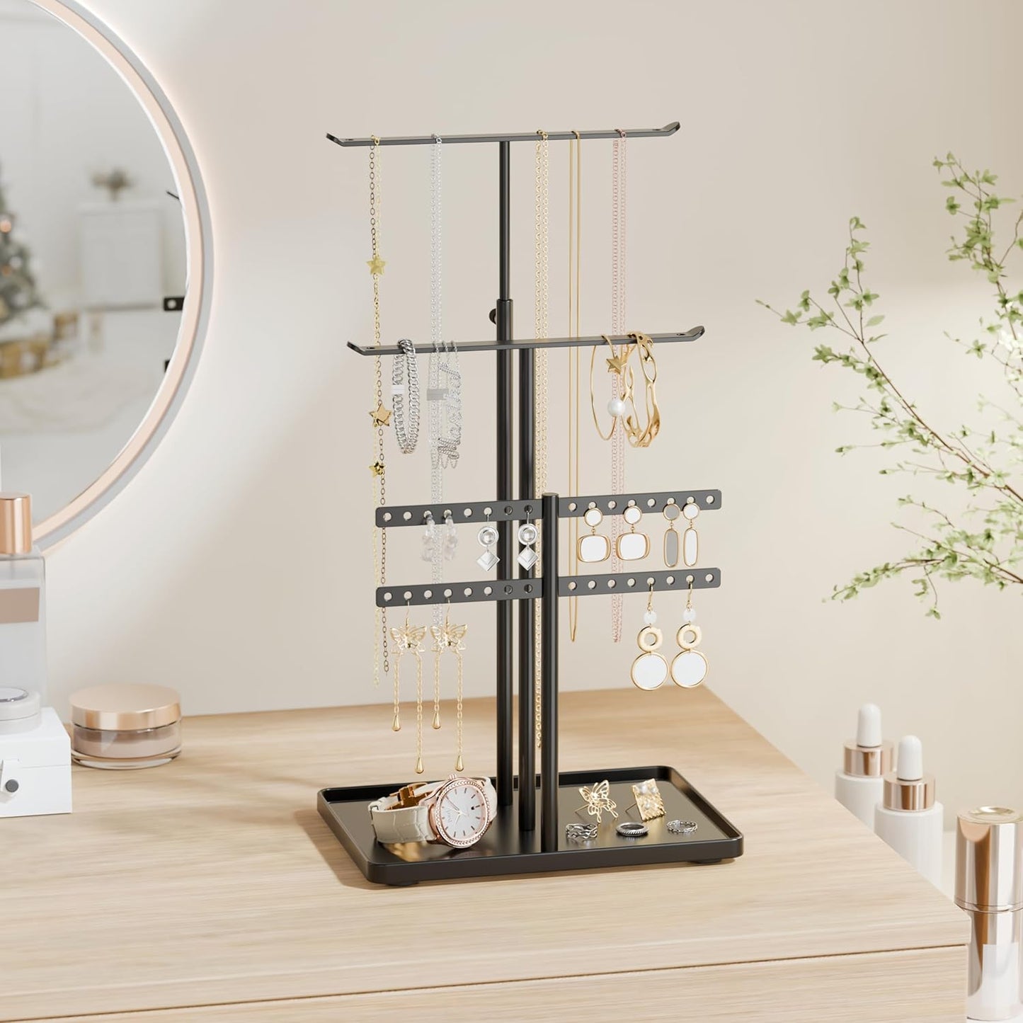 Jewelry Holder Organizer Stand - Adjustable Jewelry Tree 17.5" Height (Max), Jewlery Hanger for Necklaces, Bracelets, Earrings, Aesthetic for Storage and Display, Metal, Black