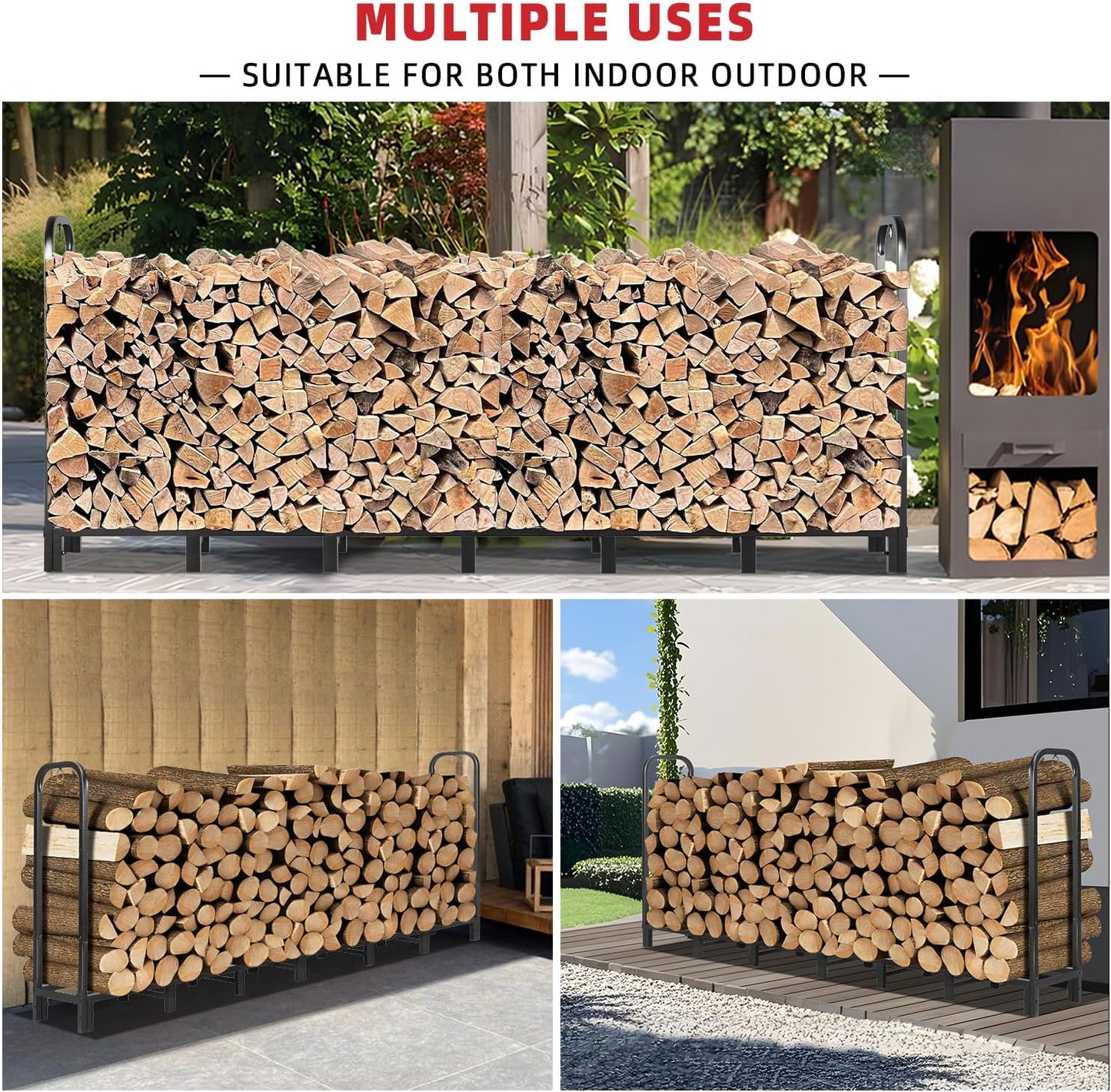 8FT Firewood Rack Outdoor, Heavy Duty Adjustable Firewood log Storage & Holder, Wood Pile Lumber Storage Rack Stacking Outside for Courtyard Patio.
