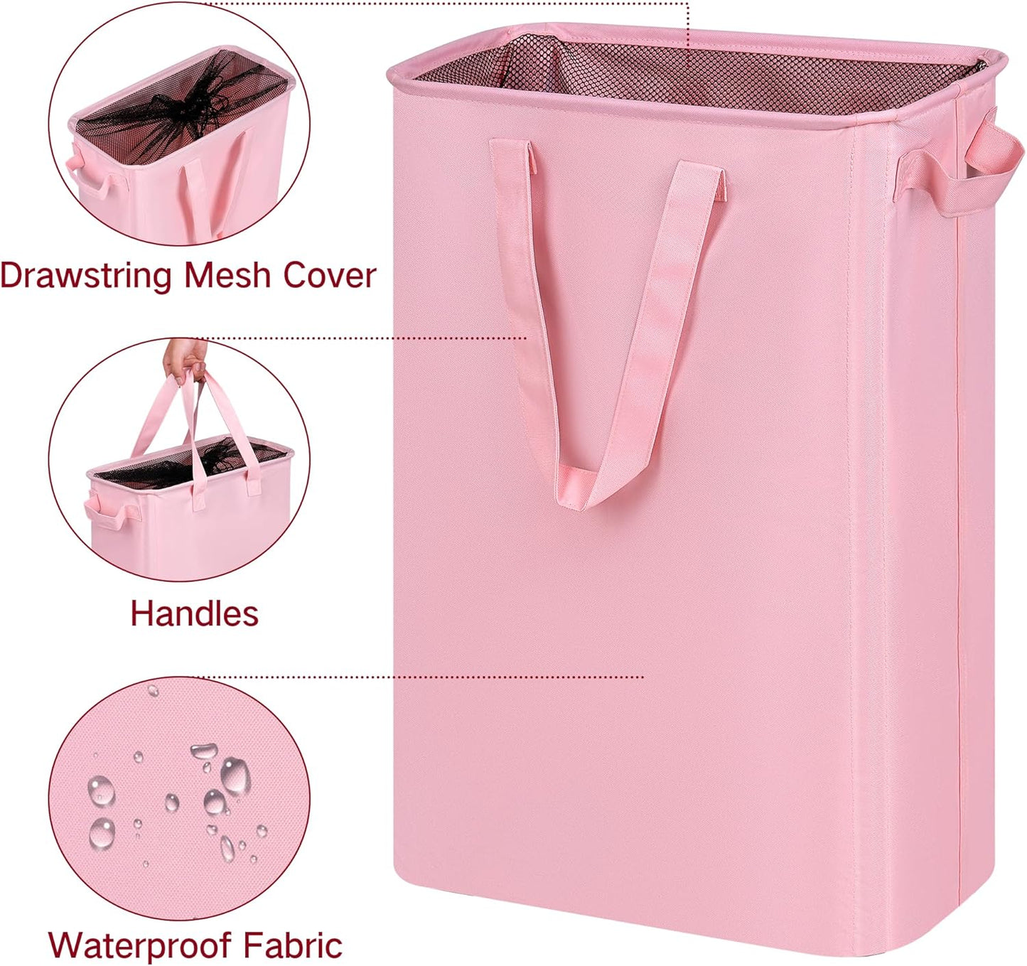 efluky Slim Laundry Basket, Narrow Laundry Hamper with Handles, Collapsible Dirty Clothes Hamper, Tall Laundry Bin for Laundry Room, Dorm and Bedroom, 12.7 Gallons(48L) Pink