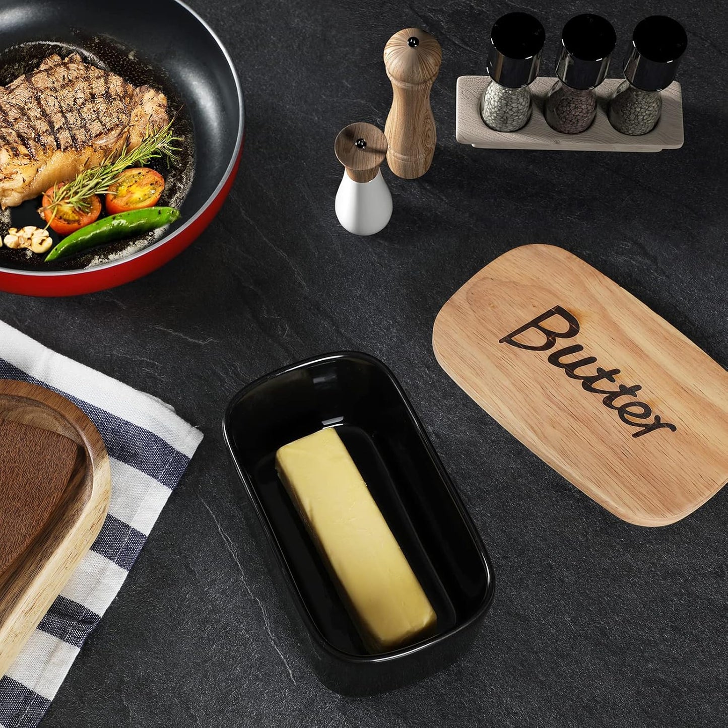GDCZ Ceramics Butter Dish with Wooden Lid- Large Covered Butter Holder for Countertop, Butter Keeper Container Perfect for Holds 2X 4oz West/East Coast Butter, Black