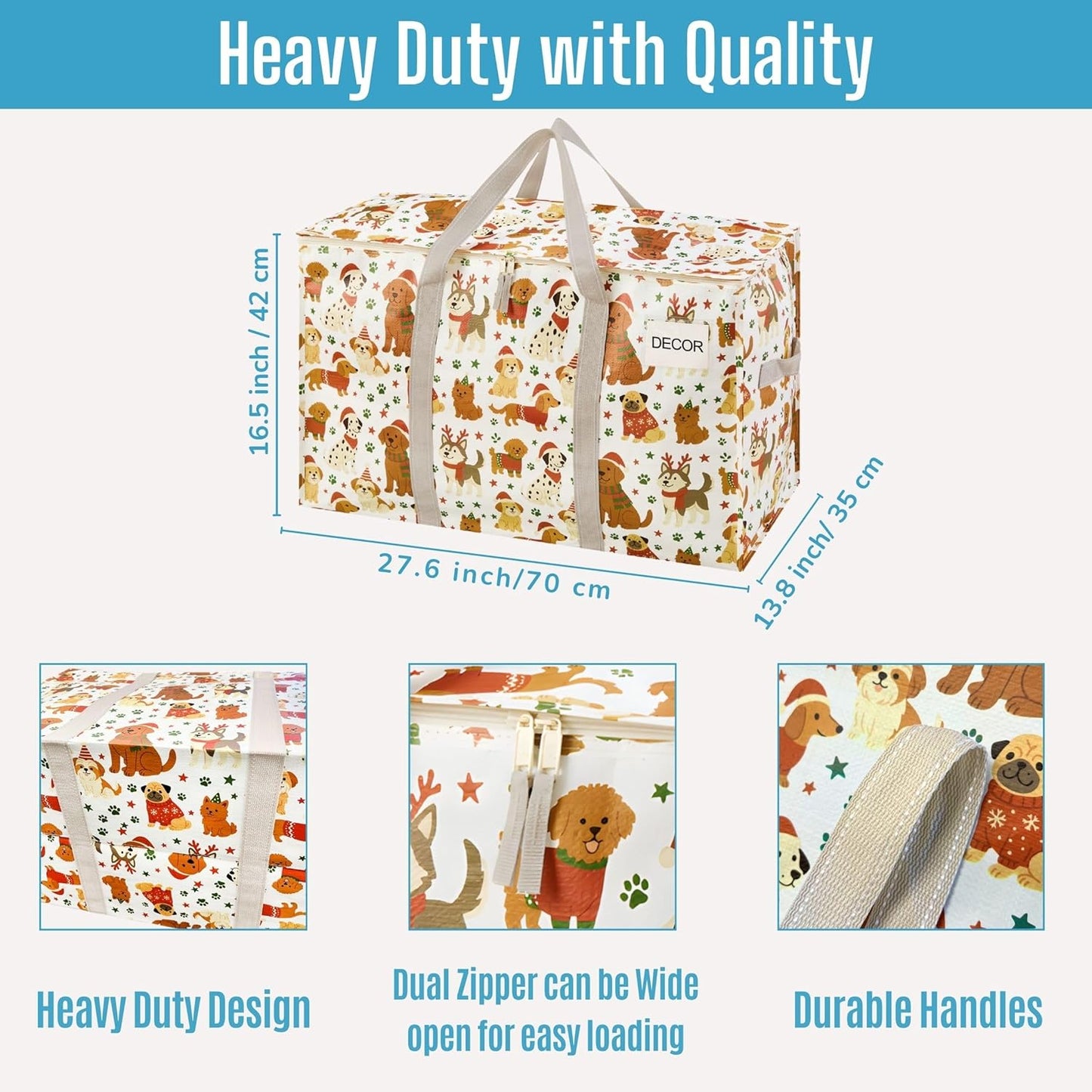 VENO 6 Pack Moving Bags and Large Christmas Storage Bins with lids. Alternative to Moving Boxes, Packing Supplies for College. Extra Large Heavy Duty Totes for Packaging (Holiday Pups, 6 Pack)