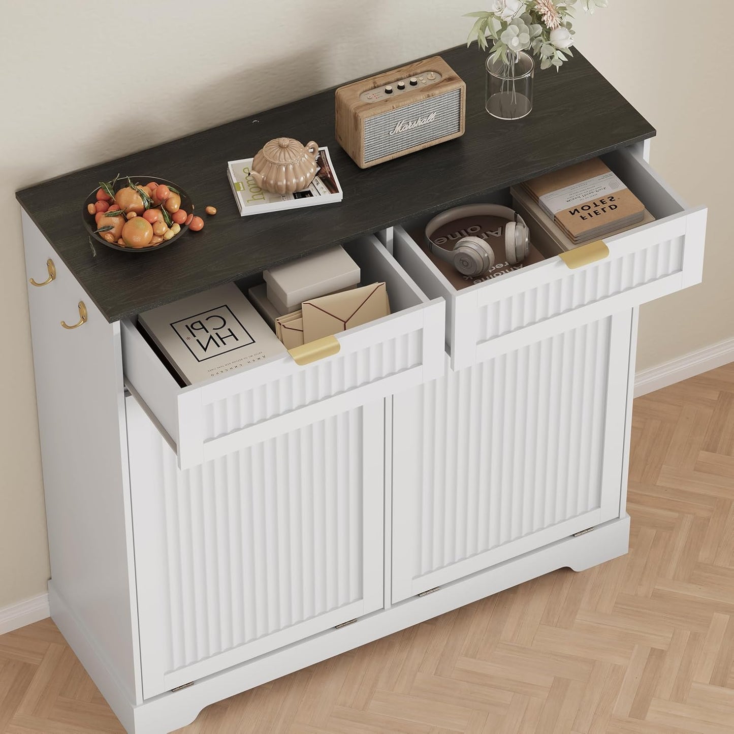 2x13 Gallons Double Tilt Out Trash Can Cabinet, Wooden Fluted Trash Garbage Can Cabinet with 2 Drawers, Hidden Laundry Hamper with Hooks for Kitchen Living Room, White