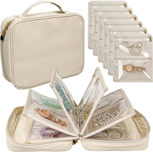 Travel Jewelry Organizer Case,Jewelry Bags for Traveling, Jewelry Binder with 24 Pcs Clear Zipper Velvet Pouches for Storing Earrings, Rings, Necklace, Bracelet, Watch (Beige)