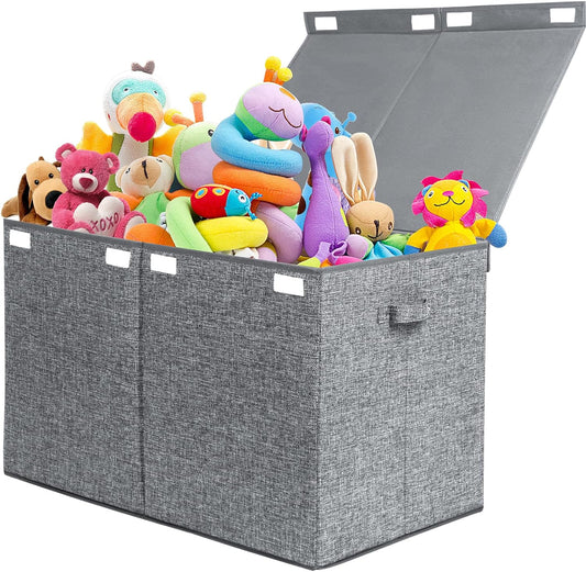 122L Large Toy Chest Box with Lid, Foldable Toy Storage Organizer Bin Boxes with Removable Divider for Kids, Boys, Girls, Nursery, Playroom, 26"x17" x17"(Linen Gray)