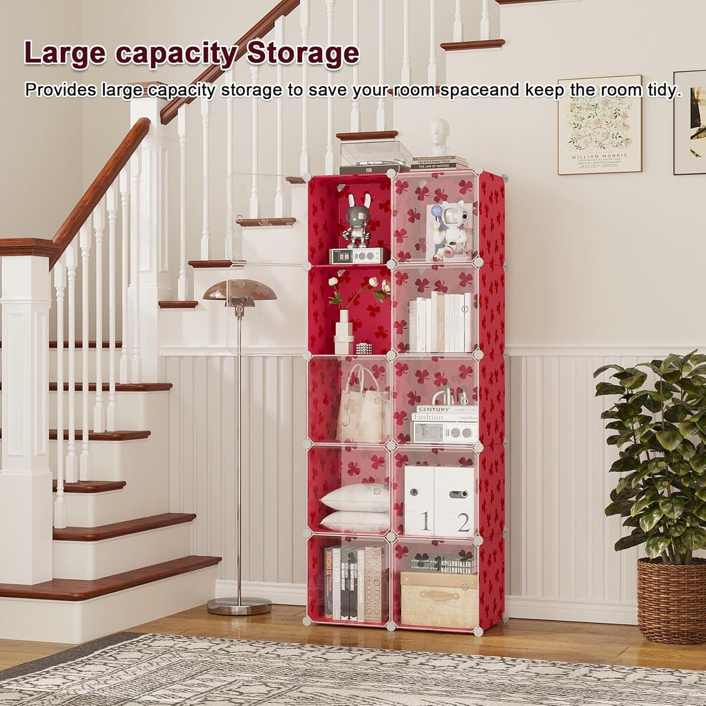 C&AHOME Cube Storage Organizer with Doors, 10-Cube Shelves, DIY Plastic Modular Bookshelf, Closet Clothes Storage Shelving Ideal for Bedroom, Living Room, Clover Embossed, Red