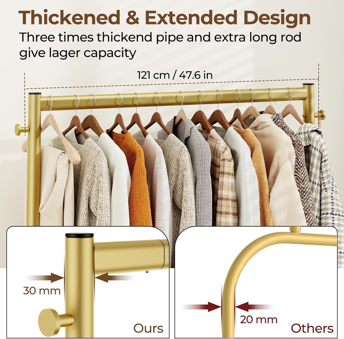Clothes Clothing Rack, Rolling Heavy Duty Clothes Rack Load 420 LBS With Wheels, Metal Clothes Rack for Hanging Clothes, Portable Standing Clothes Garment Rack,Gold,48 inches