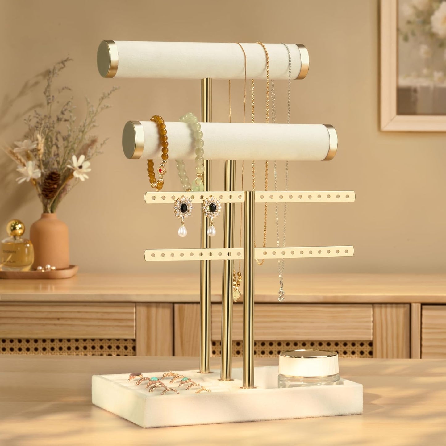 3 Tier Bracelet Holder Display - Detachable T Bar Beige Velvet Bracelet Holder, Jewelry Holder Organizer for Bracelet, Necklace, Earrings, Rings