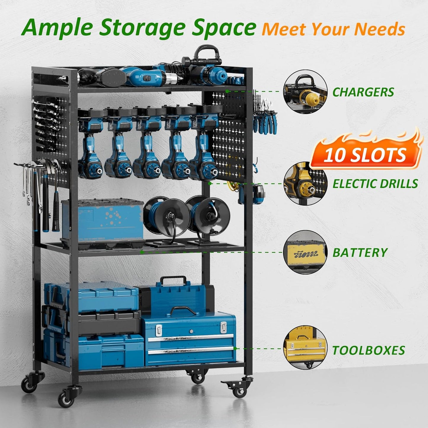 Power Tool Organizer Cart, Rolling Tool Drills Holders Storage Rack on Wheels, 38 inch Black Utility Cart for Garage Workbench, Warehouse, Gift for Husband