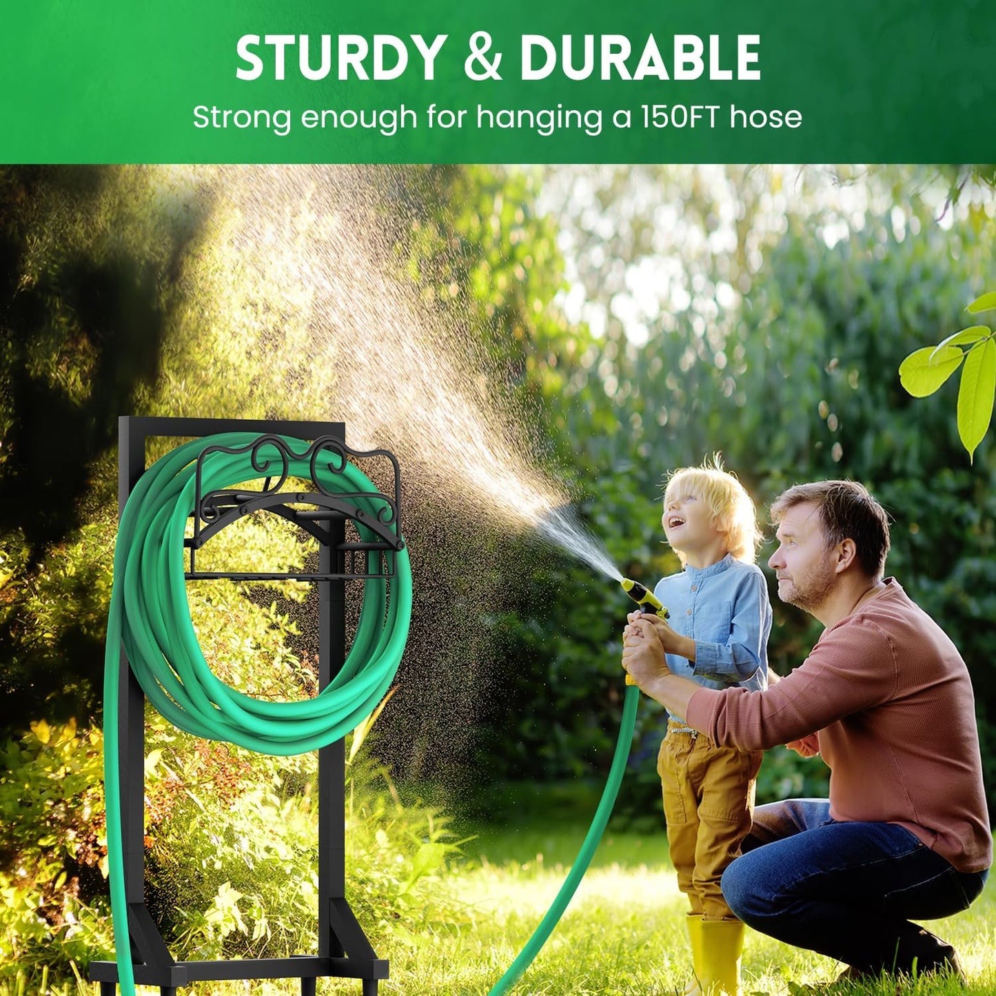 Garden Hose Holder, Heavy Duty Metal Water Hose Holder with 4 Spikes Outdoor Freestanding Hose Hanger Detachable Sturdy Hose Stand Holds 150-feet Hose, Garden Hose Storage Rack for Outside Yard Lawn