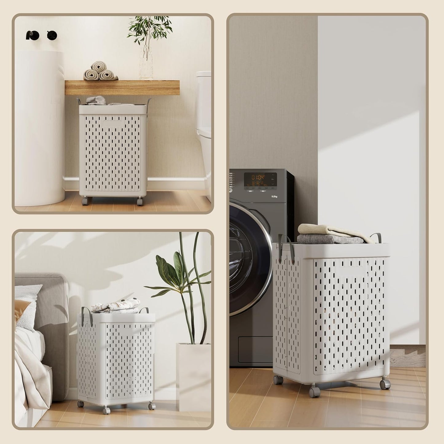 UAK Laundry Basket with Wheels, Collapsible Plastic Laundry Hamper with Handle, Foldable Laundry Basket Organizer for Laundry and Bathroom (Light Grey, XXXL)