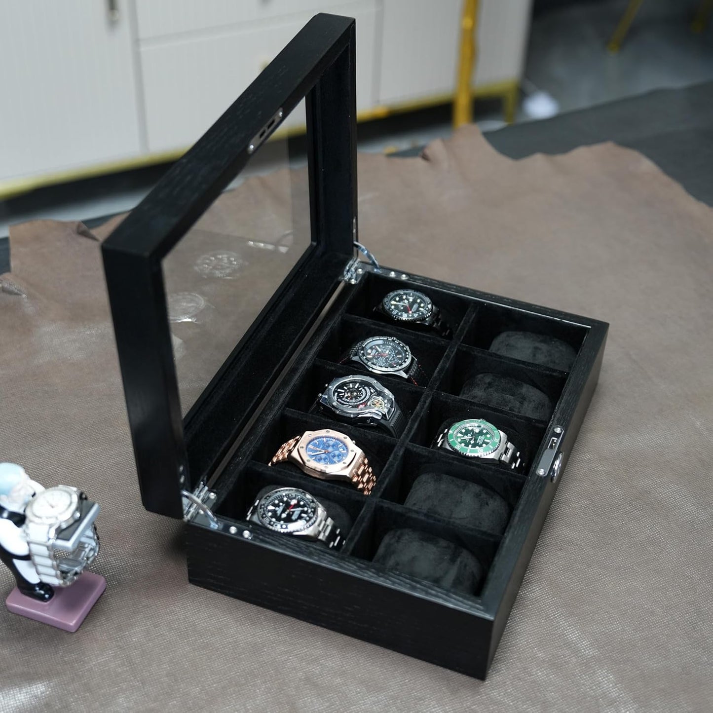 10 Watches Box for Men Watch Display Case, Black Wood Luxury Watch Organizer with Large Glass Window, Ultra Smooth Suede Interior (10W-BB)