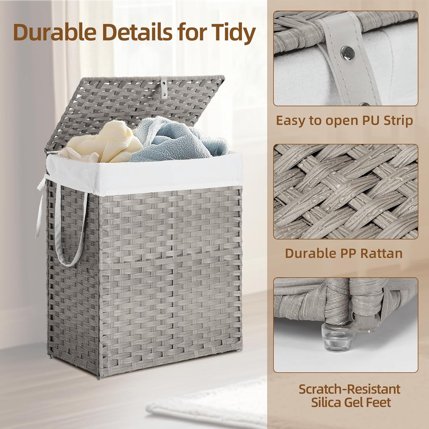 Woven Laundry Basket with Lid, Large Hamper with Removable and Machine-Washable Liner, Foldable Rattan Clothes Hamper, Sturdy Steel Frame, Odor Control, 90L Capacity, Dove Gray