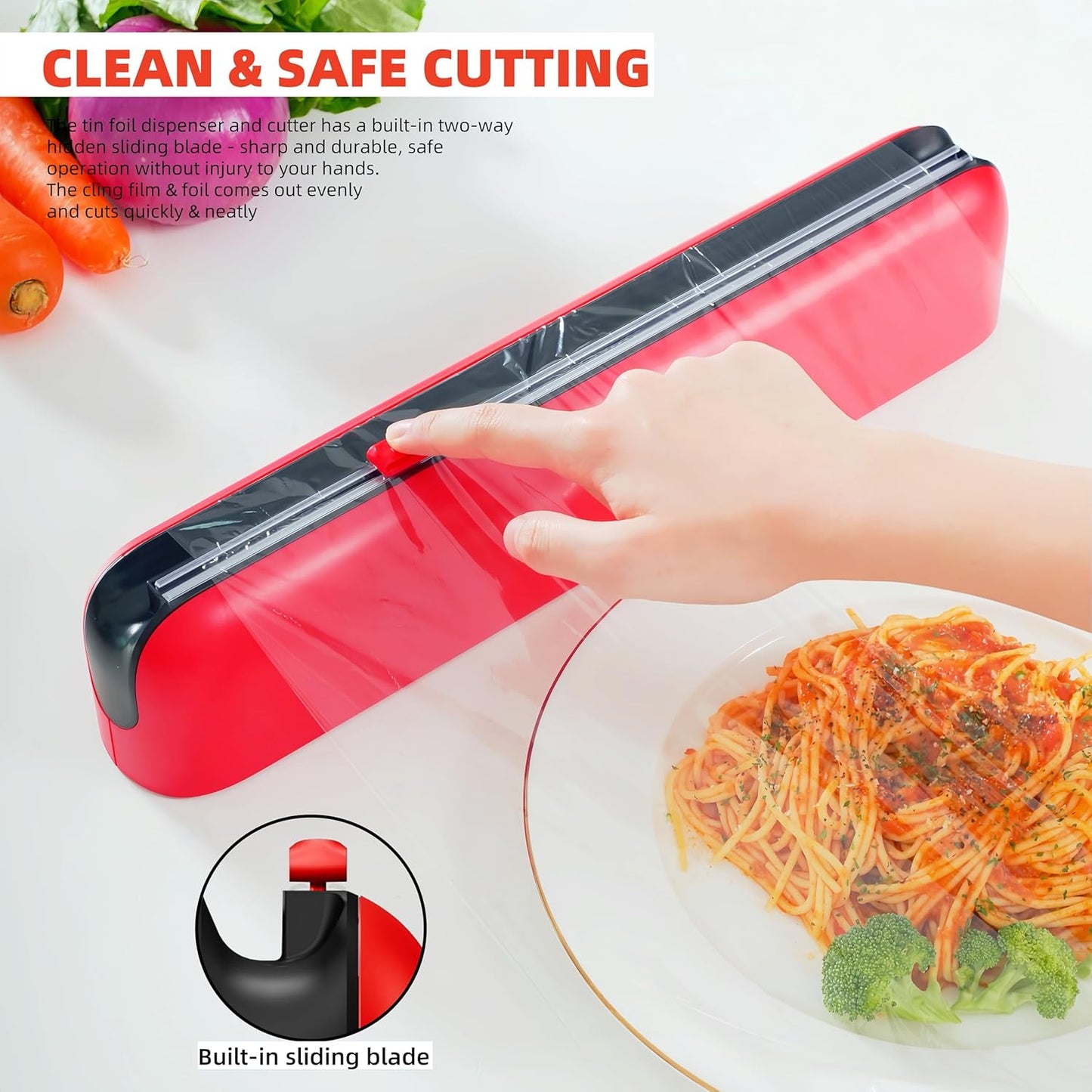 Aluminum Foil & Plastic Wrap Dispenser with Cutter - Easy One-Hand Operation, Space-Saving Kitchen Organizer for Worktops & Cabinets, Magnetic Cling Film Dispenser - Fits 12" Rolls, Red