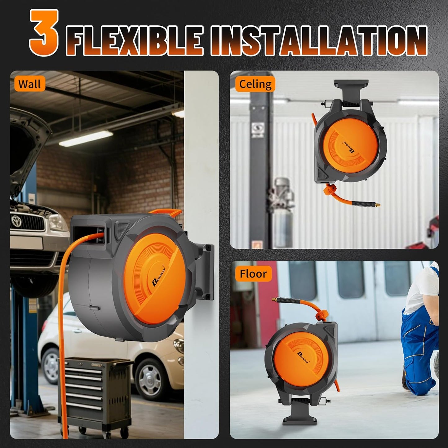 Retractable Air Hose Reel, 3/8" x 120ft Hybrid Hose, Auto Rewind Enclosed Air Compressor Hose Reel with 180° Swivel Bracket, Max 300 PSI Any Length Lock for Garage & Workshop