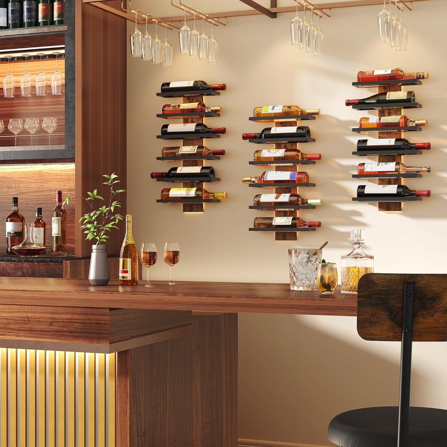 Hoctieon 3-Set 6 Tier Wall Mount Wine Rack, Wall Mounted Wine Bottle Racks for Display and Storage, Hanging Bottle Holder, for Living Room, Dining Room, Bar, Wine Cellar, Rustic Brown