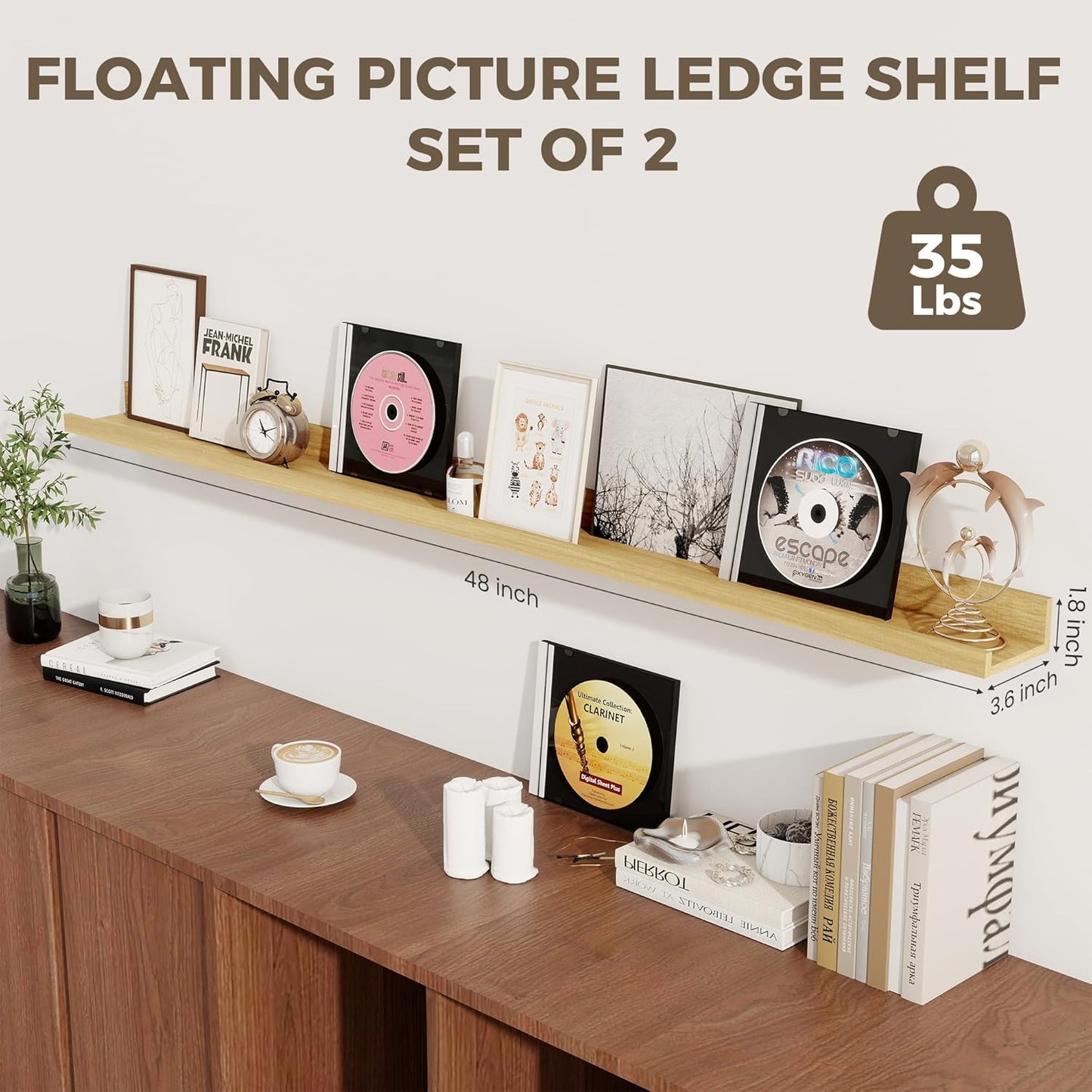 Axeman Oak Floating Shelves | 48 Inch Picture Ledge Shelf Set of 2 | Rustic Oak Picture Shelf for Wall with Ledge | Floating Shelves with Lip | Photo Ledge Shelves
