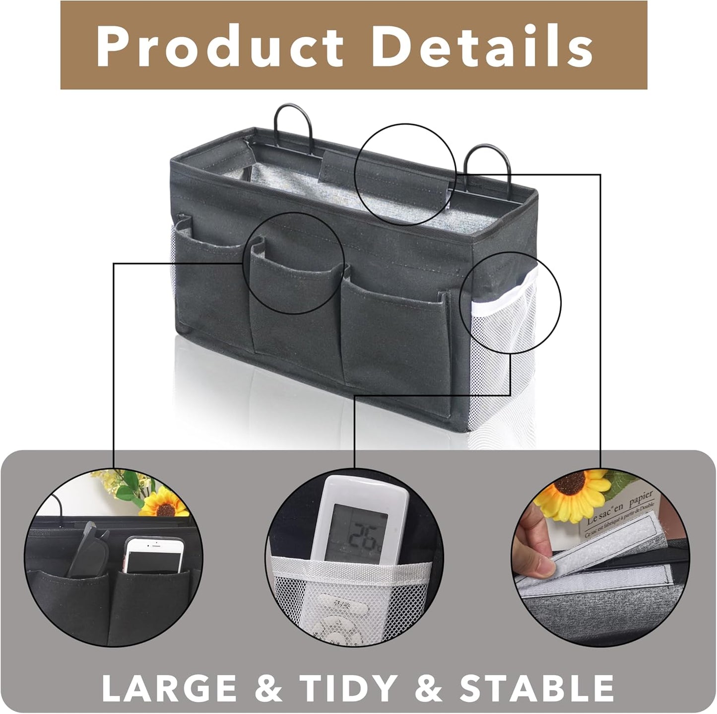 2pcs 3-pockets Large Wall Hanging Organizer Bag, Linen Fabric Door Hanging Storage Baskets with Pockets, Waterproof Bin for Kitchen, Bedroom, Office, RV Camper (Black-2pcs)