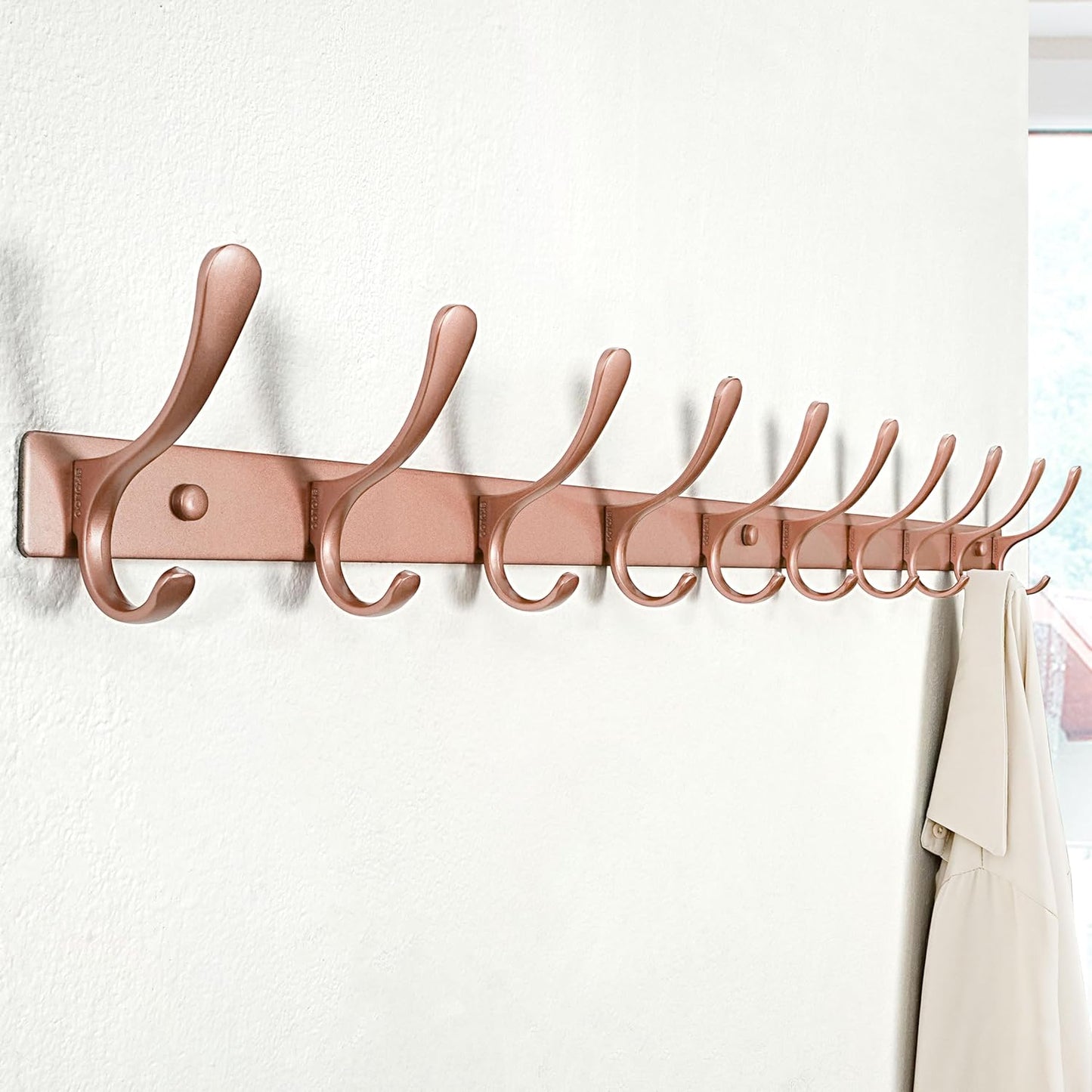 SKOLOO Coat Rack Wall Mounted - 10 Hooks, Heavy Duty, Stainless Steel, Metal Wall Hanger, Sturdy Coat Hooks for Hanging Coats, Jacket, Clothes, Hat, Matte Rose Gold
