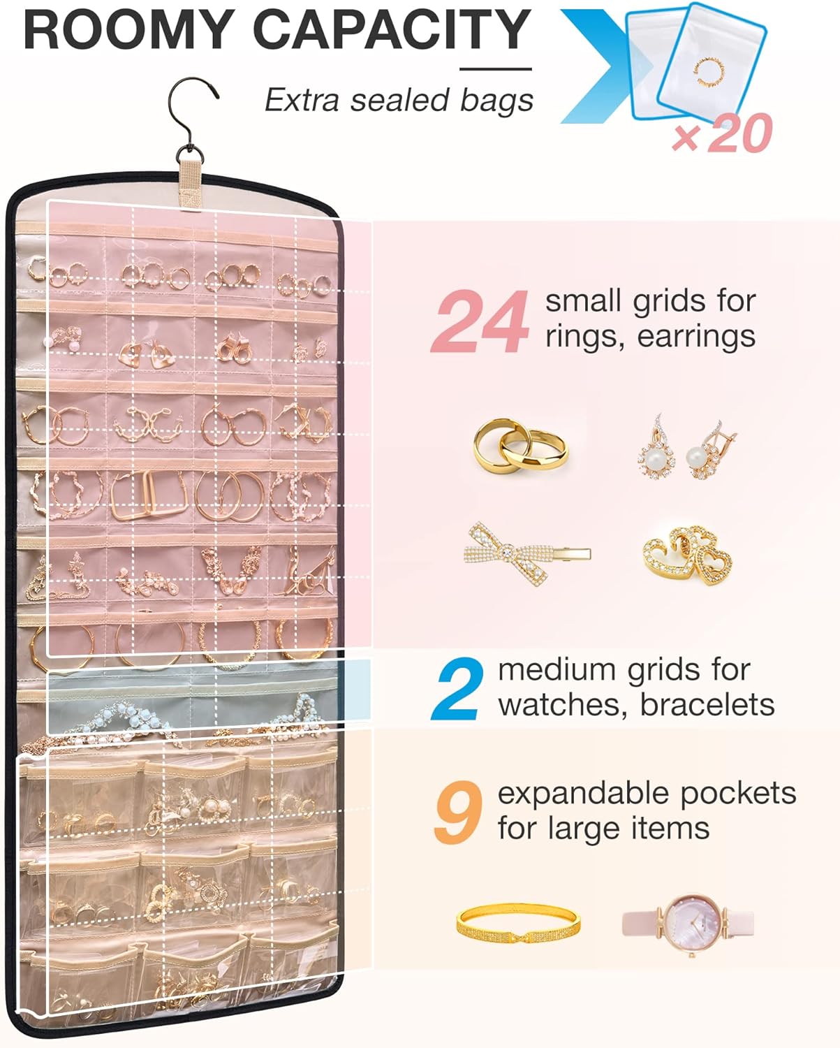 BAGSMART Hanging Jewelry Organizer, Necklace Holder Anti-tangle Earrings Rings Hanger with 20 Jewelry Bags Travel Storage Roll with Pockets Hang on Closet, Wall, Door,1 Piece, Large, Black
