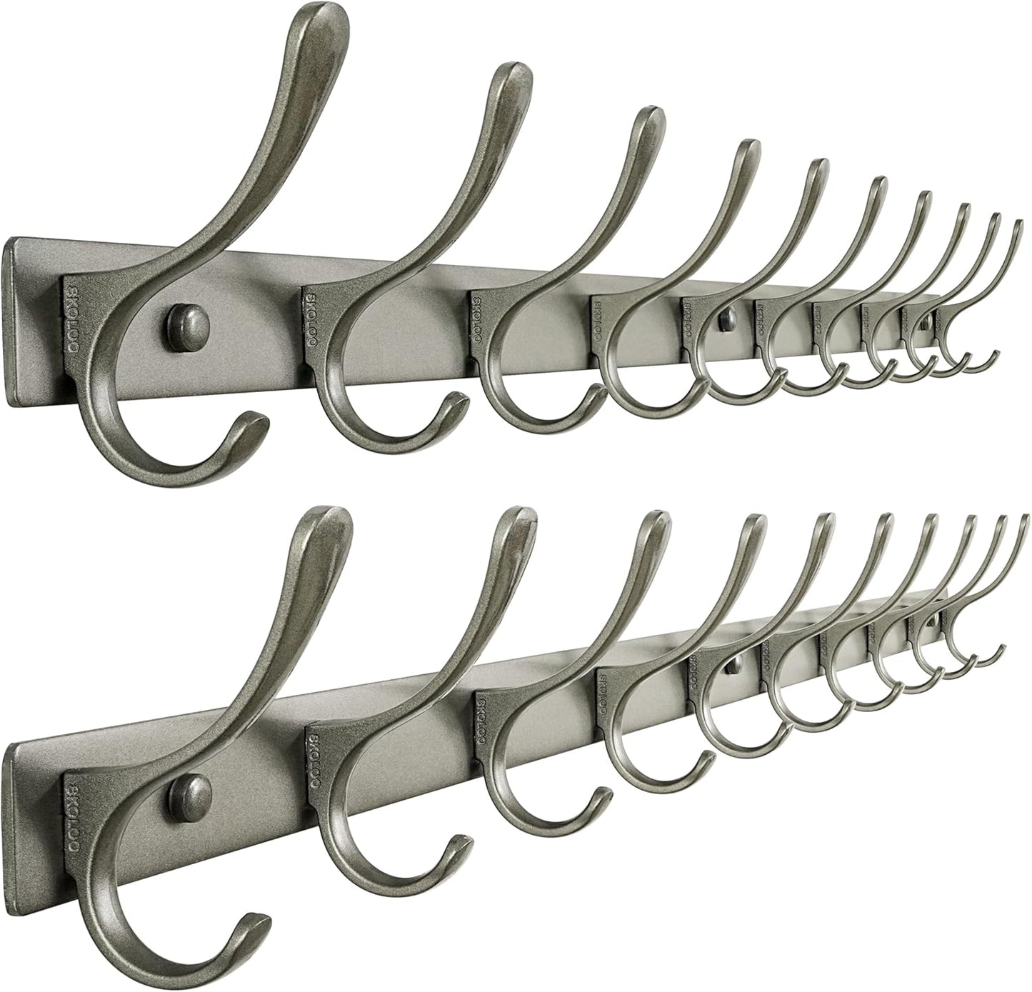 SKOLOO Coat Rack Wall Mounted - 10 Hooks, Pack of 2, Heavy Duty, Stainless Steel, Metal Wall Hangers, Sturdy Coat Hooks for Hanging Coats, Jacket, Clothes, Hat, Matte Grey