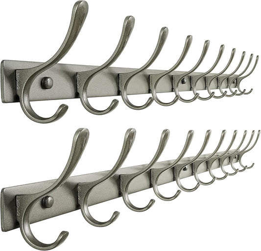SKOLOO Coat Rack Wall Mounted - 10 Hooks, Pack of 2, Heavy Duty, Stainless Steel, Metal Wall Hangers, Sturdy Coat Hooks for Hanging Coats, Jacket, Clothes, Hat, Matte Grey
