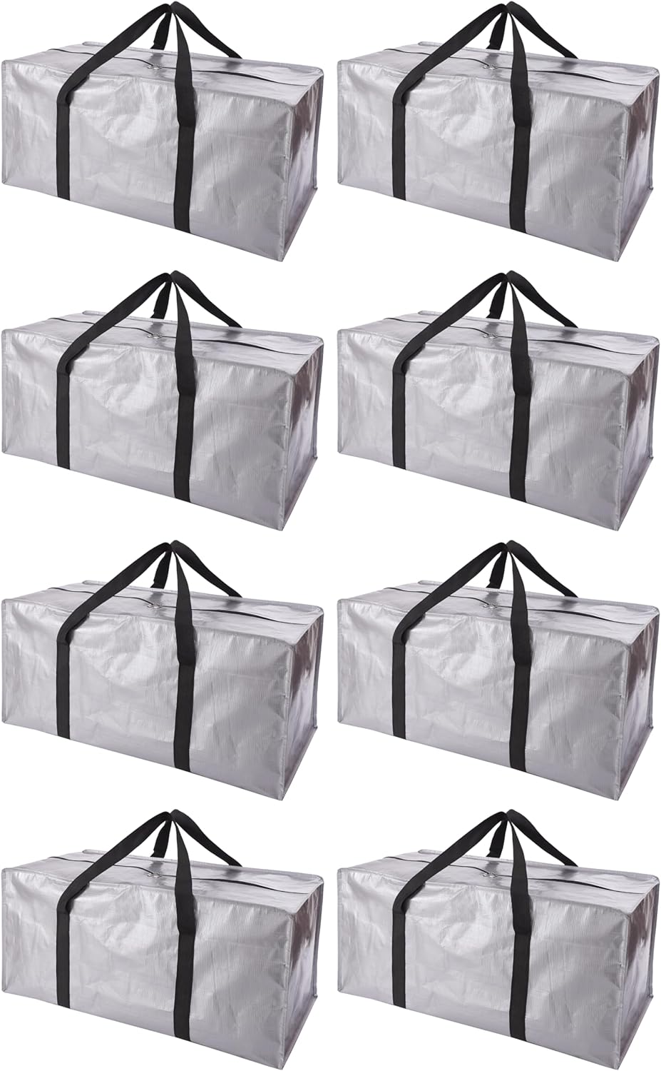 Extra Large Moving Bags with Zippers & Carrying Handles, Heavy-Duty Storage Tote for Space Saving Moving Storage, Fold Flat, Alternative to Box and Bin - 8 Pack, 40 Gal, Silver