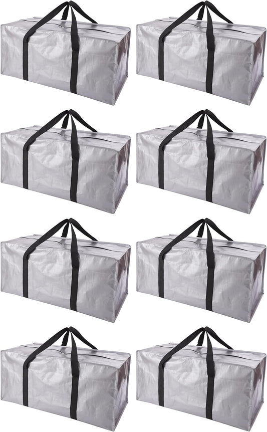 Extra Large Moving Bags with Zippers & Carrying Handles, Heavy-Duty Storage Tote for Space Saving Moving Storage, Fold Flat, Alternative to Box and Bin - 8 Pack, 40 Gal, Silver