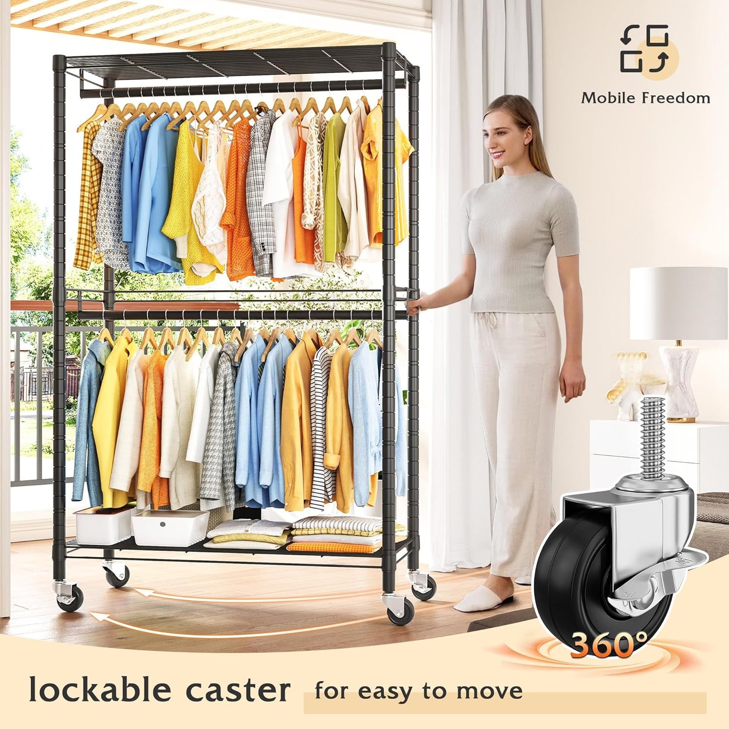 Raybee Clothing Rack with Wheels,Clothes Rack for Hanging Clothes,Portable Closet,2 Shelves,Black
