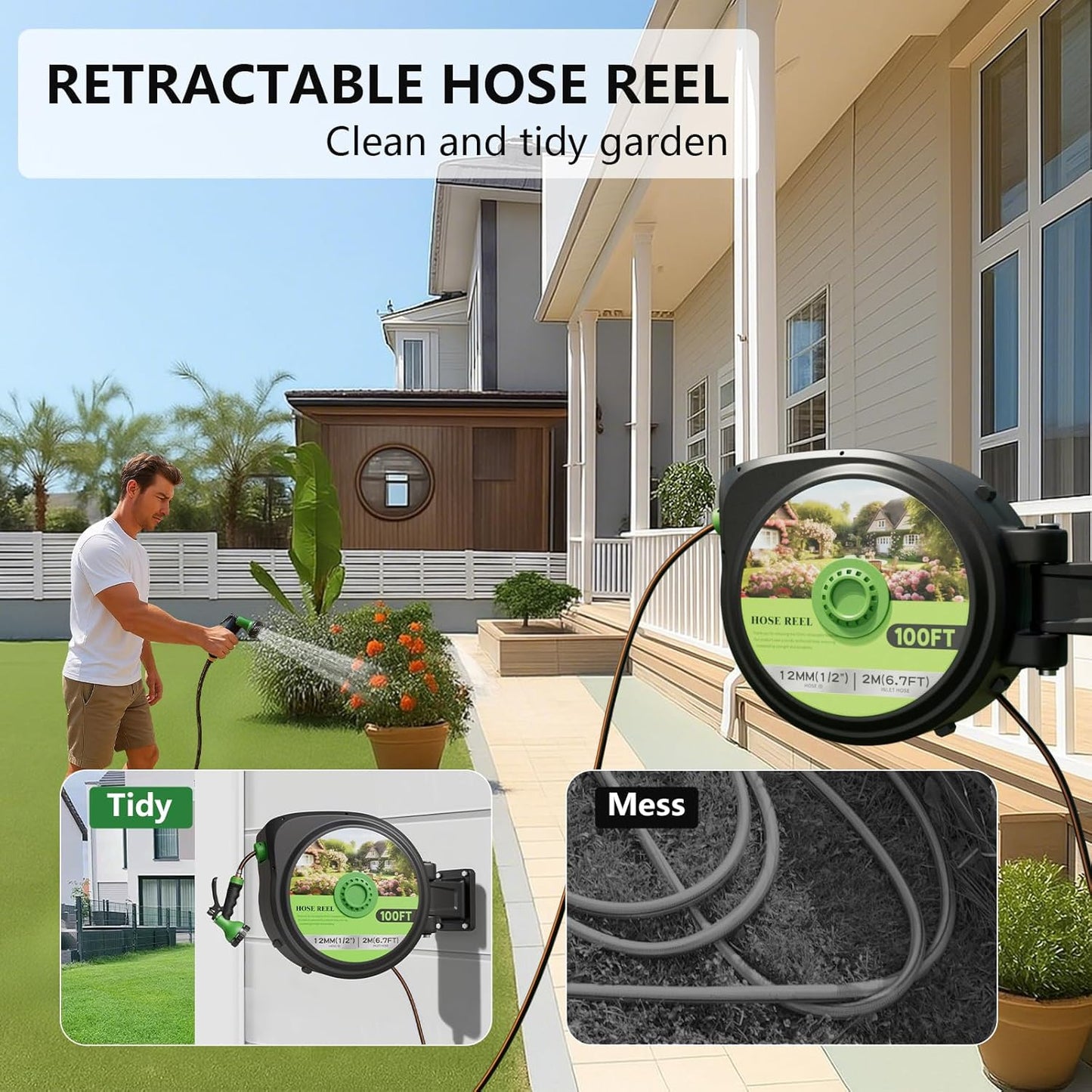 Automatic Retractable Garden Hose Reel 1/2 Inch x 100ft - Heavy Duty Metal Wall Mount with Auto Rewind, Any Length Lock, 10 Pattern Nozzle & UV Protection
