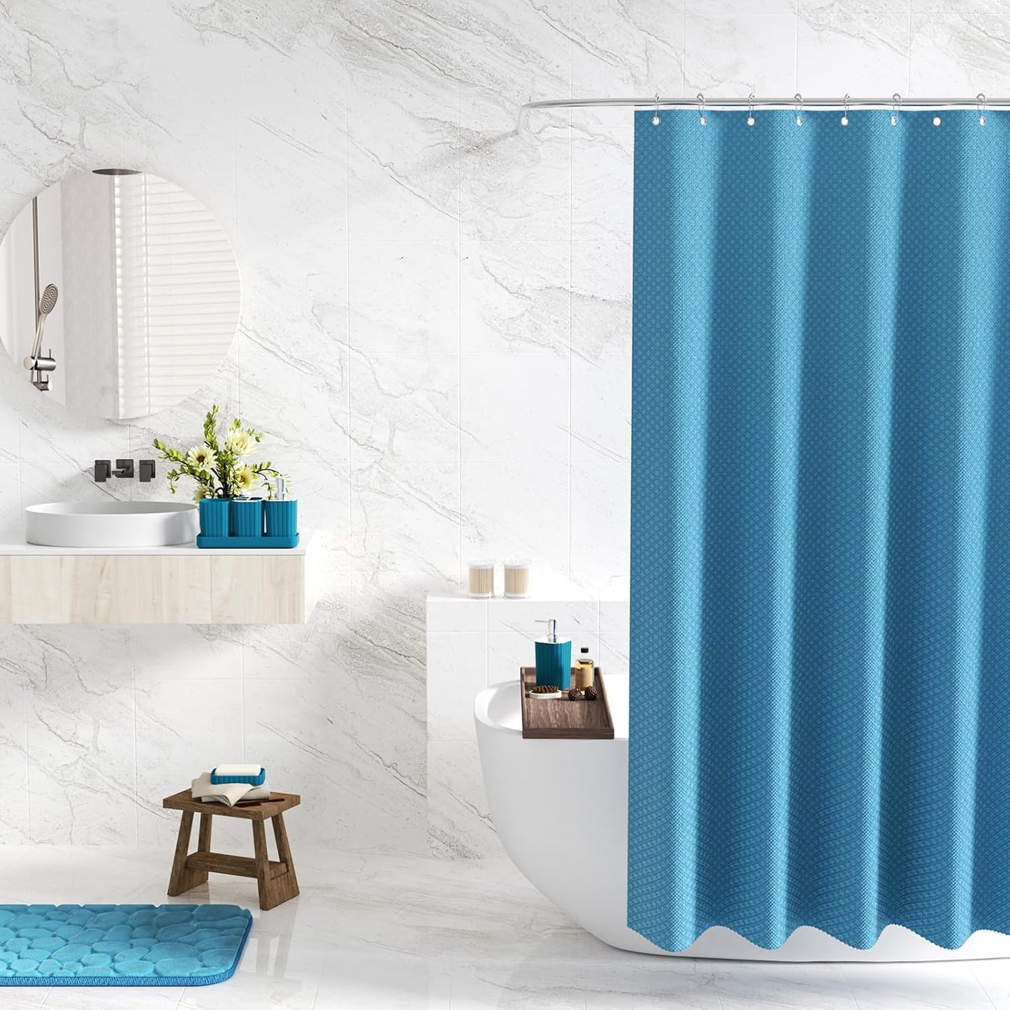 Bathroom Set with Shower Curtain and Rugs- 25PC Teal Bathroom Set, Bathroom Accessories Set, Shower Curtain Set, Trash Can, Qtip Holder Dispenser & Soap Dispenser