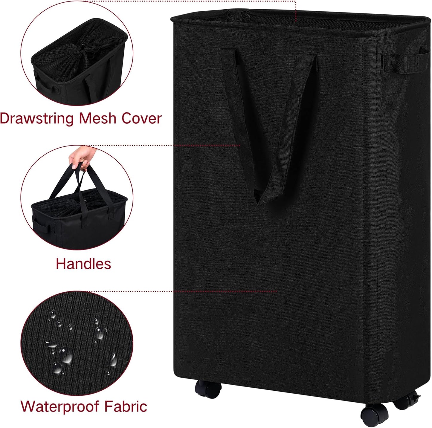 efluky Slim Laundry Hamper with Wheels, Rolling Laundry Basket for Clothes, Small Laundry Basket for Bedroom, Dorm and Laundry Room, 60L (12.7 Gallons) Black