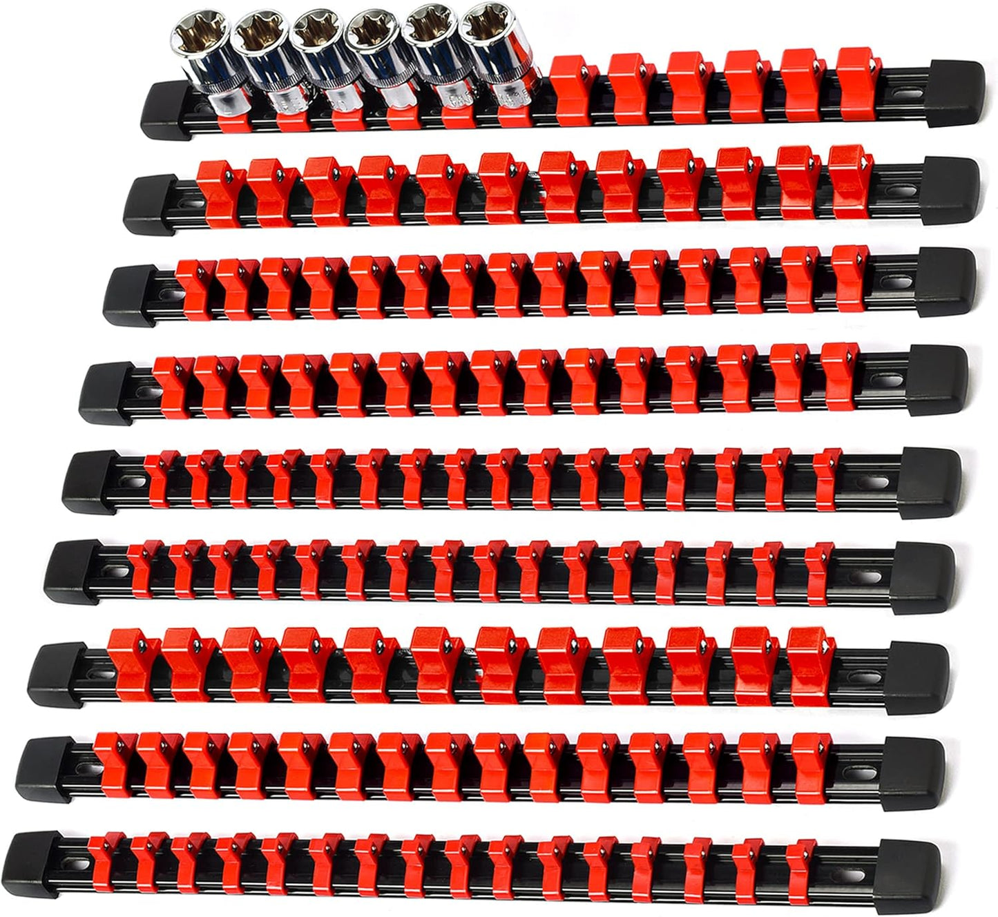 Socket Organizer Drive ABS Tools - Red Socket Holder, Premium Quality 9 Pieces Socket Holders Kit 1/4-Inch x 48 Clips, 3/8-Inch x 45 Clips, 1/2-Inch x 36 Clips