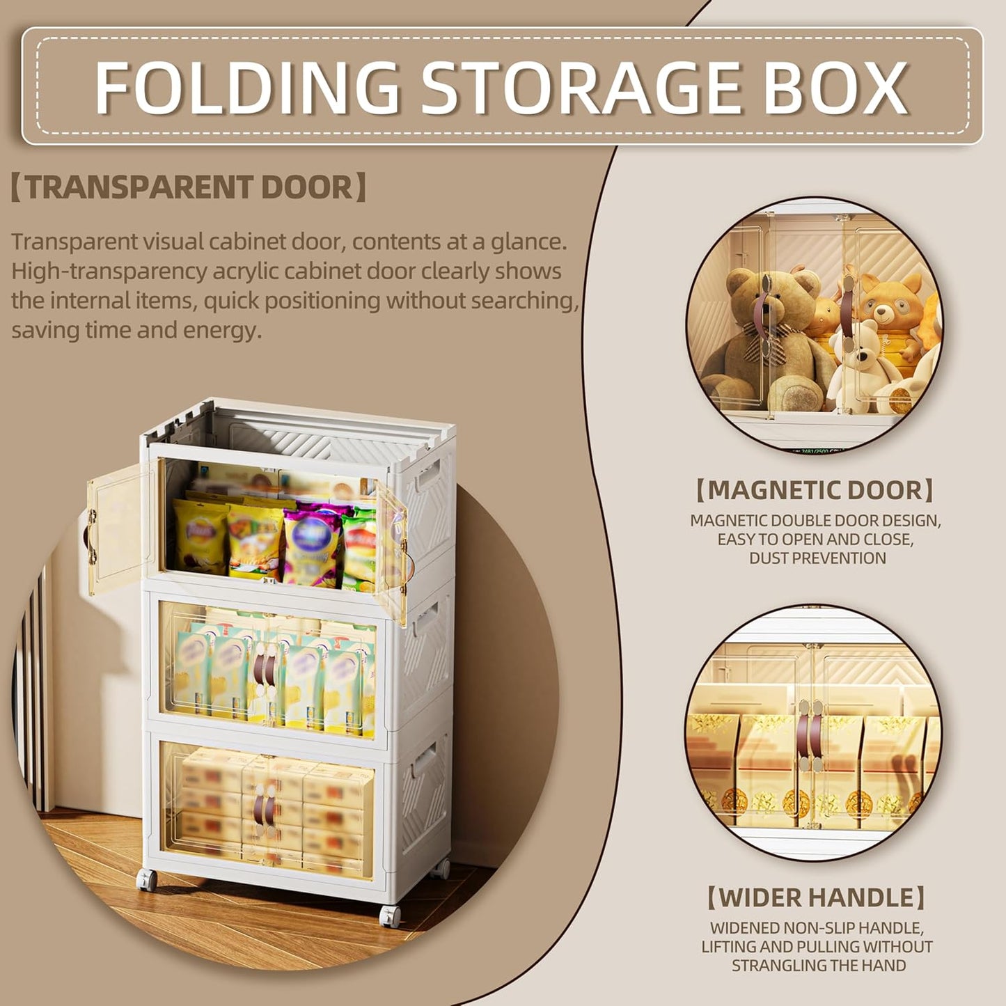 252 QT / 63 Gal Magnetic Door Storage Bins Collapsible Stackable w/1 Lid, Heavy Duty Plastic Cabinet with Wheels for Home Office Organization (White)