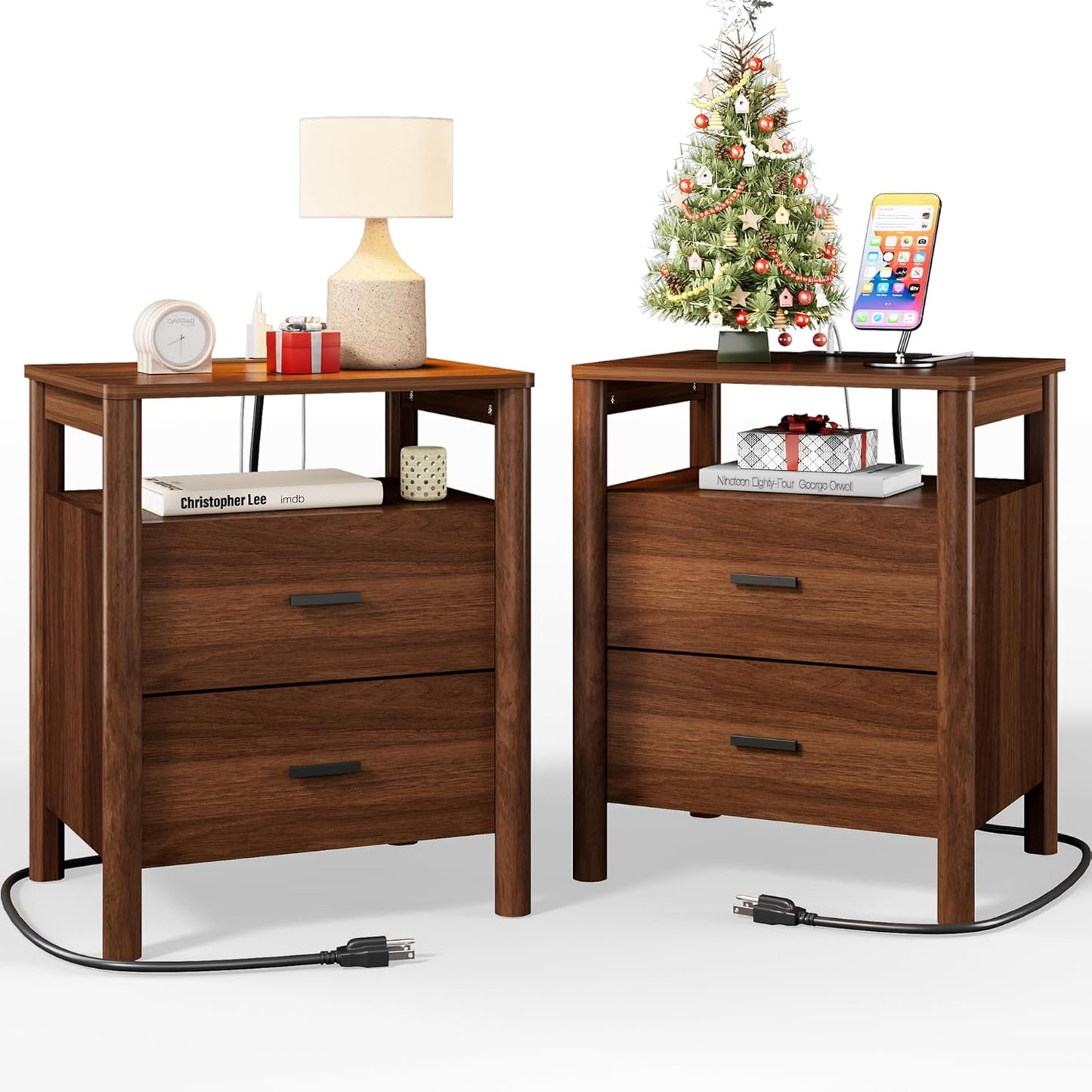 Night Stand Set of 2 with Charging Station, 20" Large Modern Side Table with Solid Round Post Legs, 2 Drawers End Table with Open Shelf, Nightstand for Bedroom, Walnut