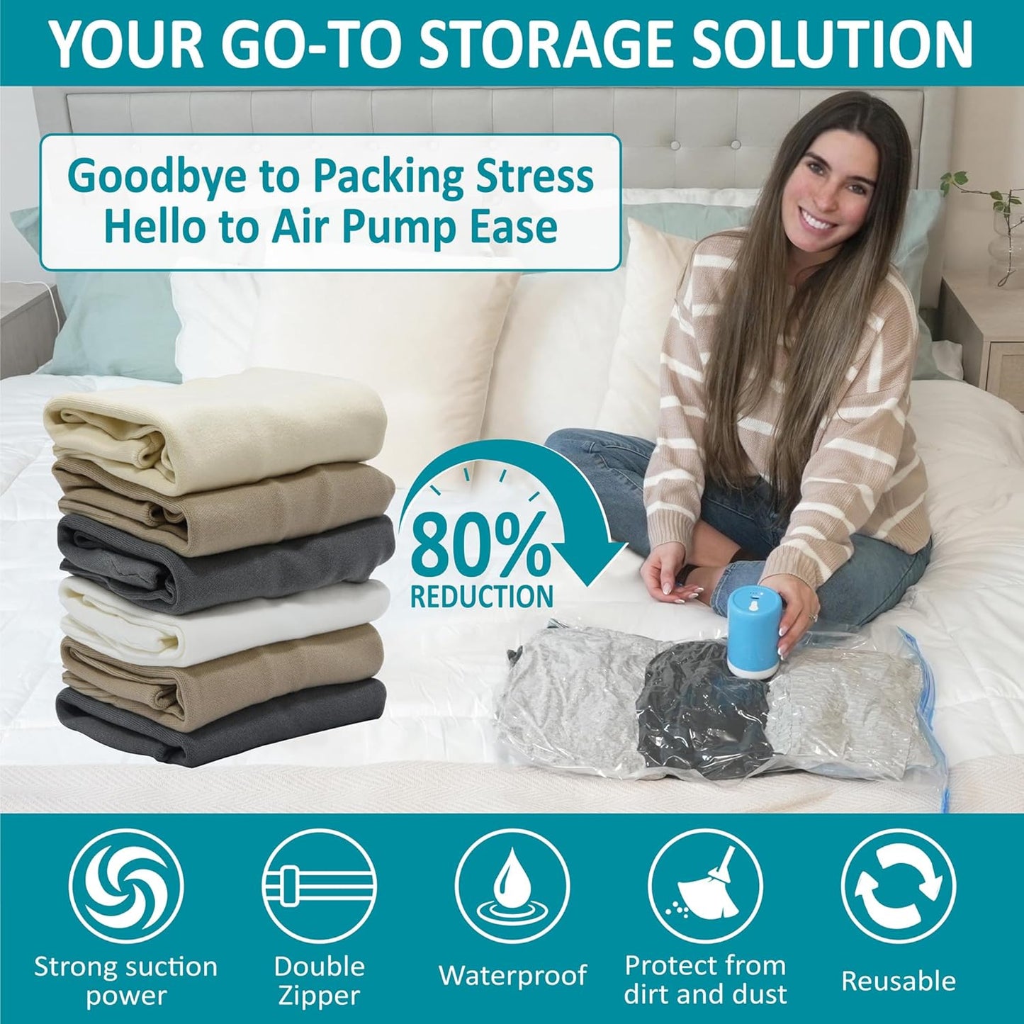 26 Pack Vacuum Storage Bags with Portable Rechargeable Wireless Electric Pump, Vacuum Seal Space Saver Bags for Clothing, Pillows, Blanket, Bedding, Comforters