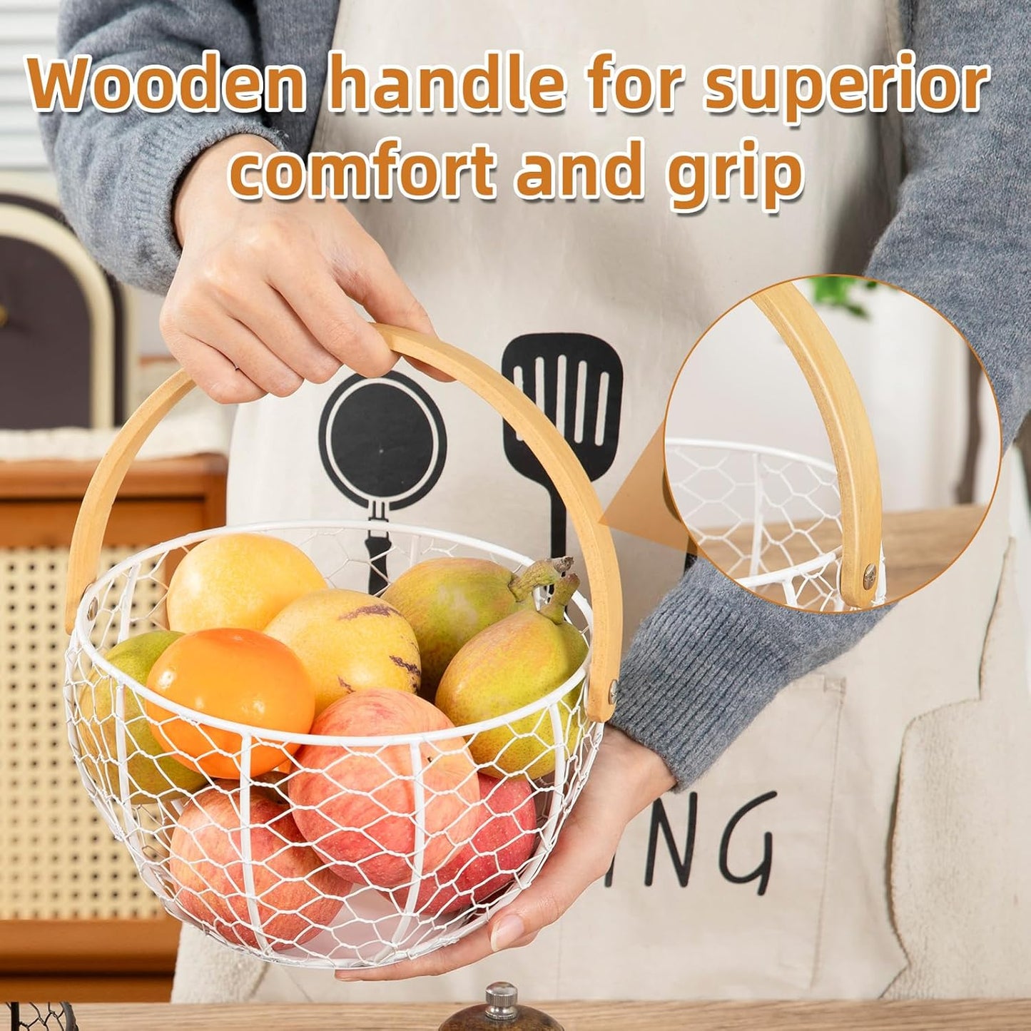 Farmhouse Wire Egg Basket for Gathering Fresh Eggs with Wooden Handle, Vintage Style Metal Egg Collecting Basket Countertop Storage Container Holder for Kitchen Decor and Fruit Bin (White)