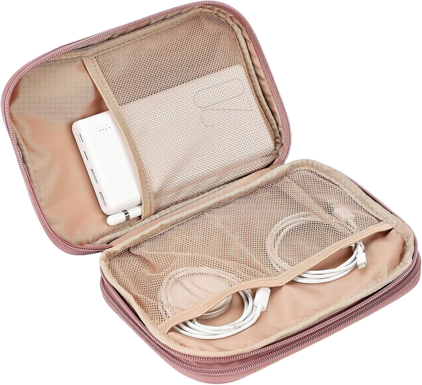 NISHEL Travel Cord Organizer Case, Double Layers Tech Electronic Bag, Essentials for Charger, Cable, Phone, Flash drive, Large, Rose-wood Pink